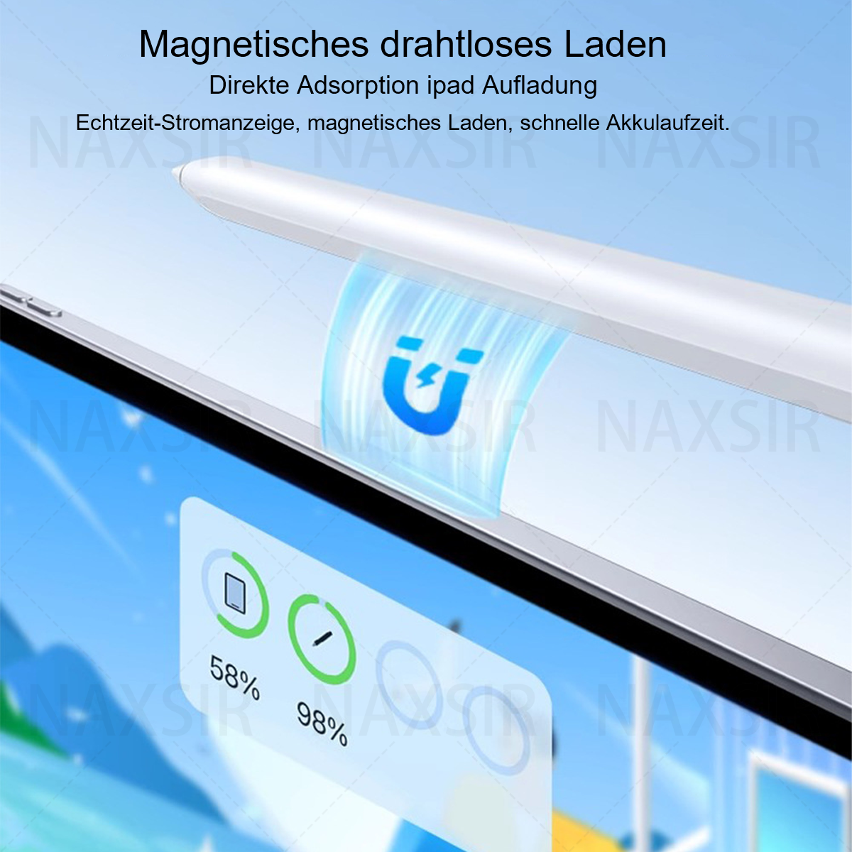 Ein Stift, der auf einem iPad aufgeladen wird. Der Bildschirm zeigt den Ladeprozentsatz und den Batteriestatus.