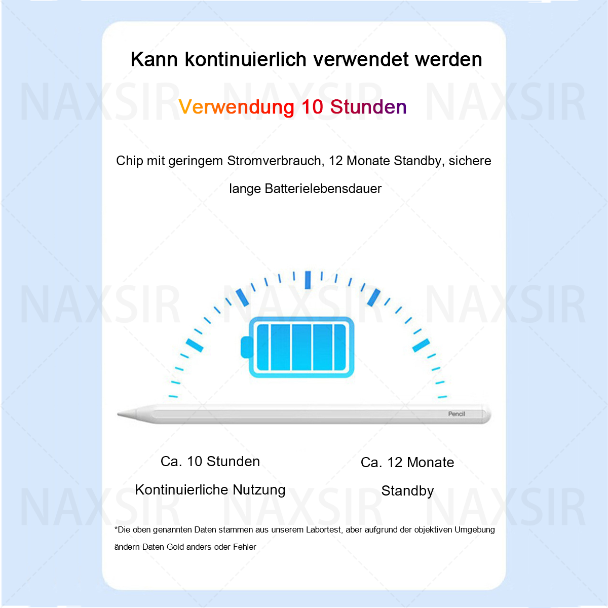 Diagramm zur Akkulaufzeit. Zeigt 10 Stunden Nutzung und 12 Monate Standby. Ein Bleistift ist enthalten.