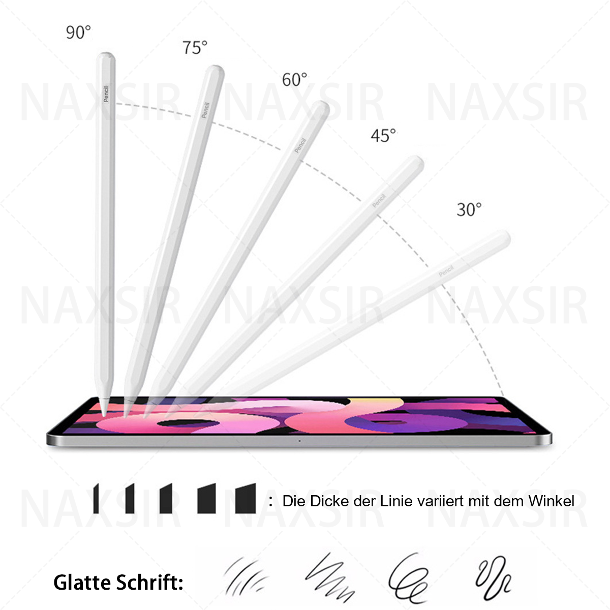 Weißes digitales Tablet mit Stift in verschiedenen Winkeln. Zeigt Linienstärkenvariationen mit dem Winkel.