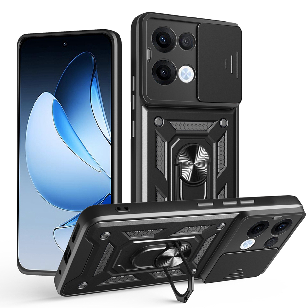 Coque de téléphone noire avec plusieurs trous pour la caméra et un support de bague. La coque est montrée sous différents angles.