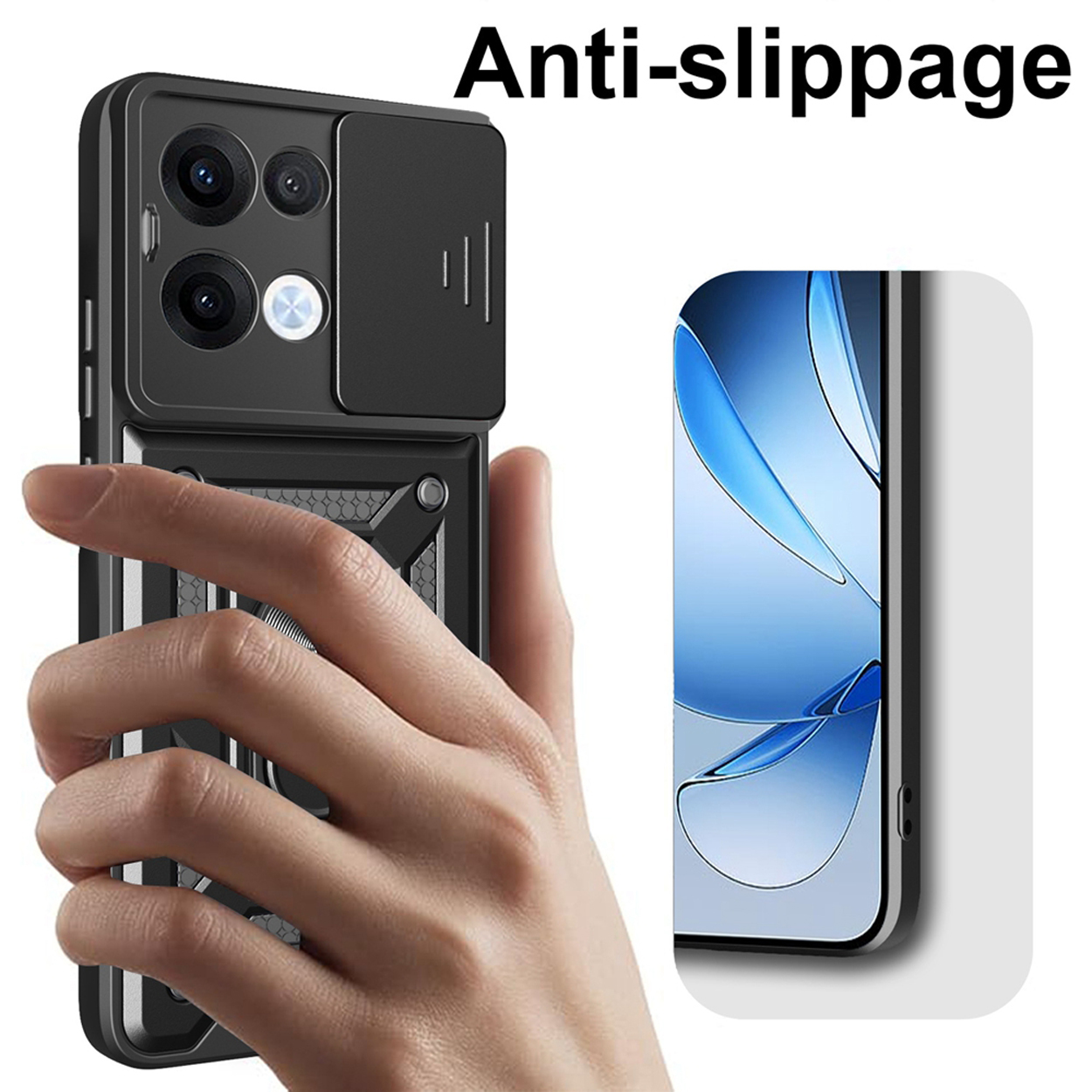 Een hand houdt een zwarte telefoonhoes vast met een schuifbare cameralensafdekking; tekst luidt: "Anti-slippage".