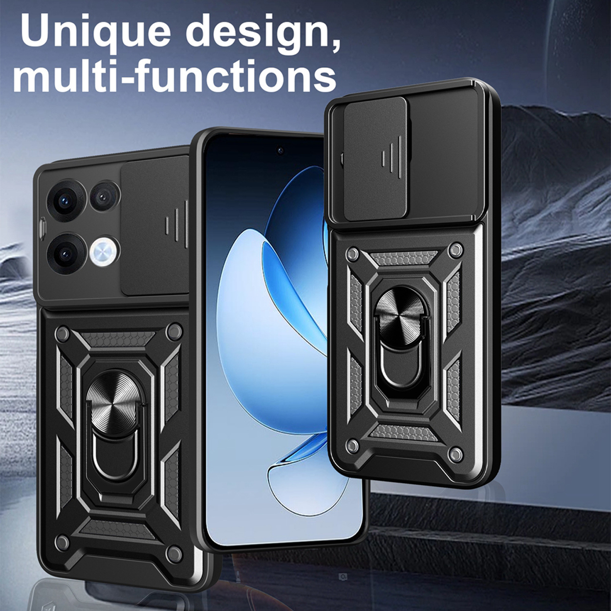 Zwarte telefoonhoes met een ringhouder en een telefoon. De tekst 'Unique design, multi-functions' is zichtbaar.