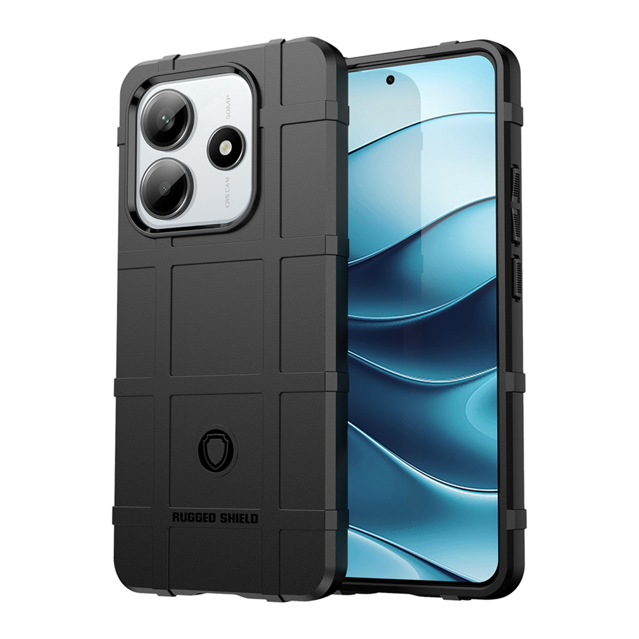 Coque de téléphone noire avec un design robuste, avec plusieurs trous pour la caméra. Le texte 'Rugged Shield' est visible.