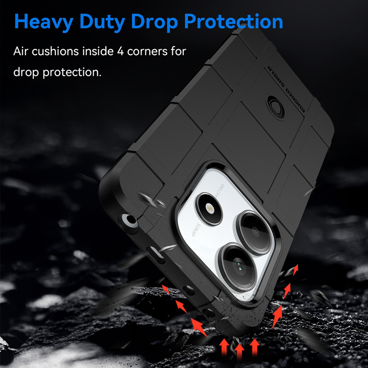 Coque de téléphone noire, avec des flèches. Les textes 'Heavy Duty Drop Protection' et 'Rugged Shield' sont visibles.