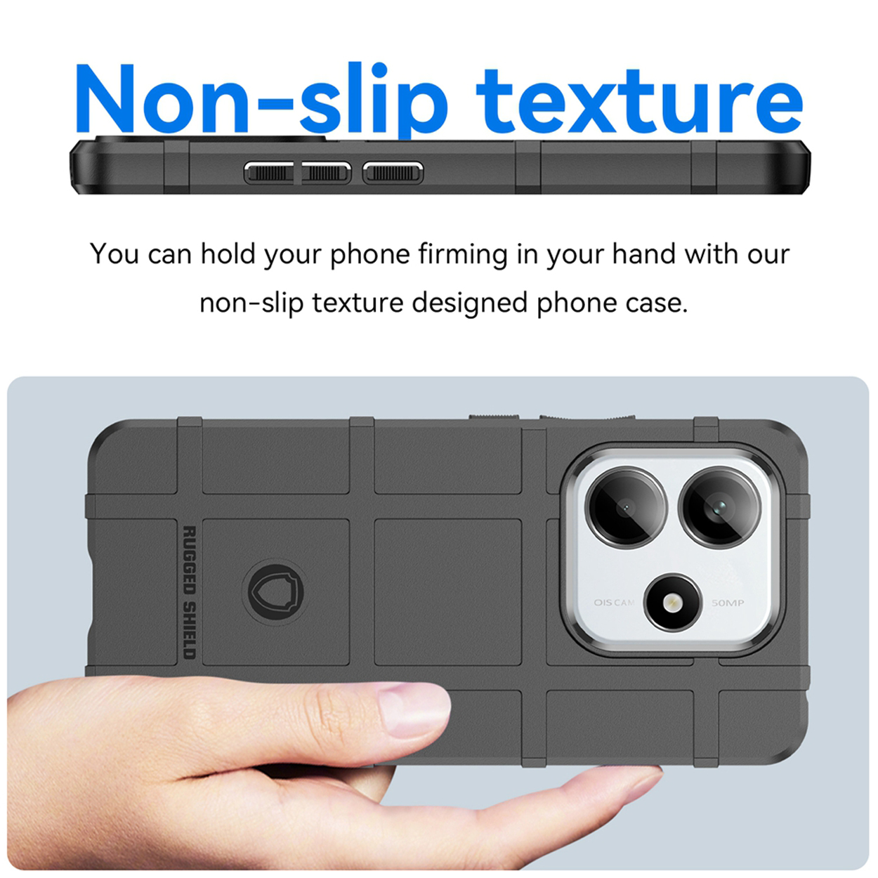 Une personne tenant une coque de téléphone. Elle est grise et a une texture antidérapante.