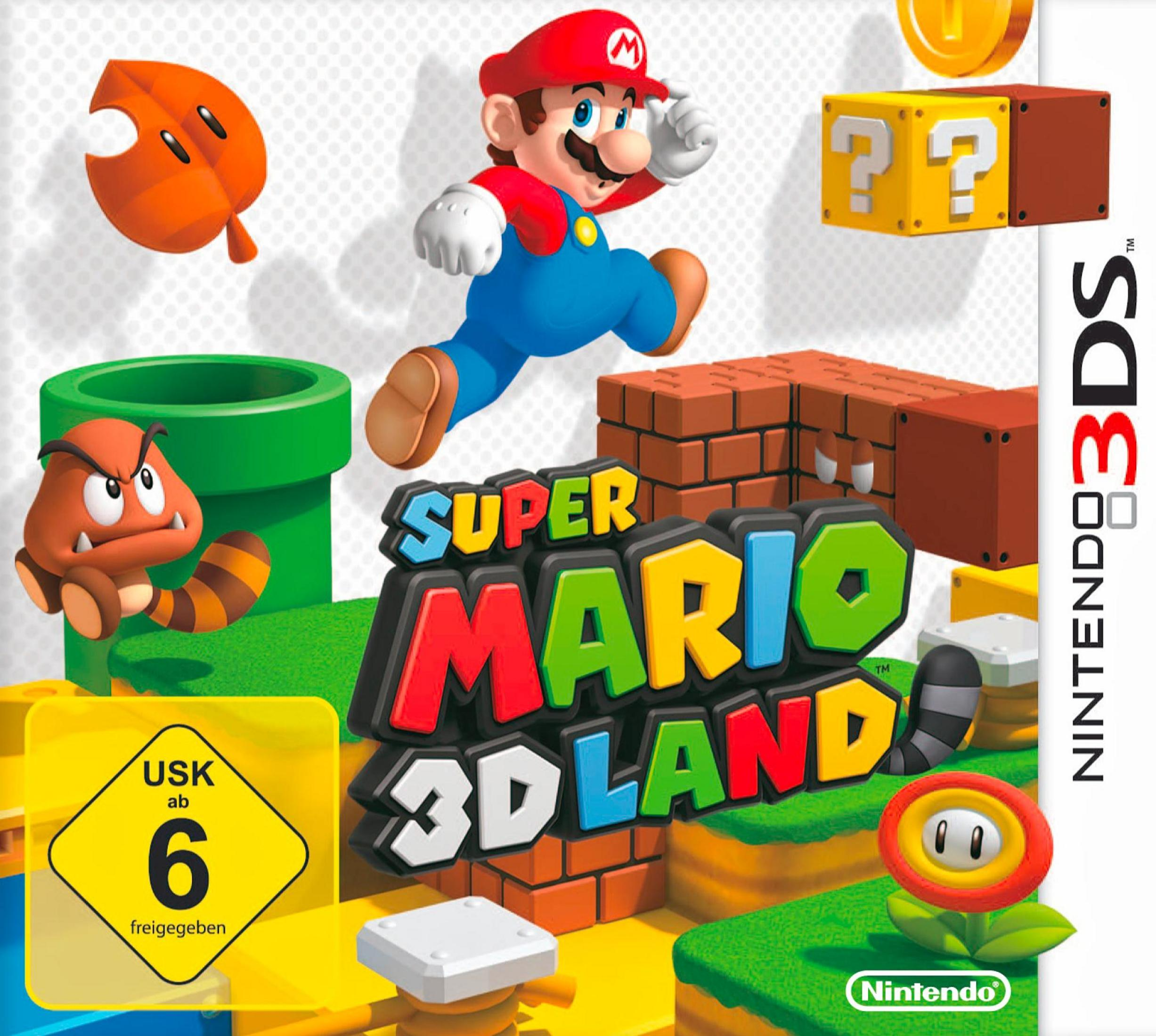 Super Mario 3D Land Spielcover. Mario springt, Goomba, Blöcke, Blatt und Münzen sind auf dem Cover zu sehen.