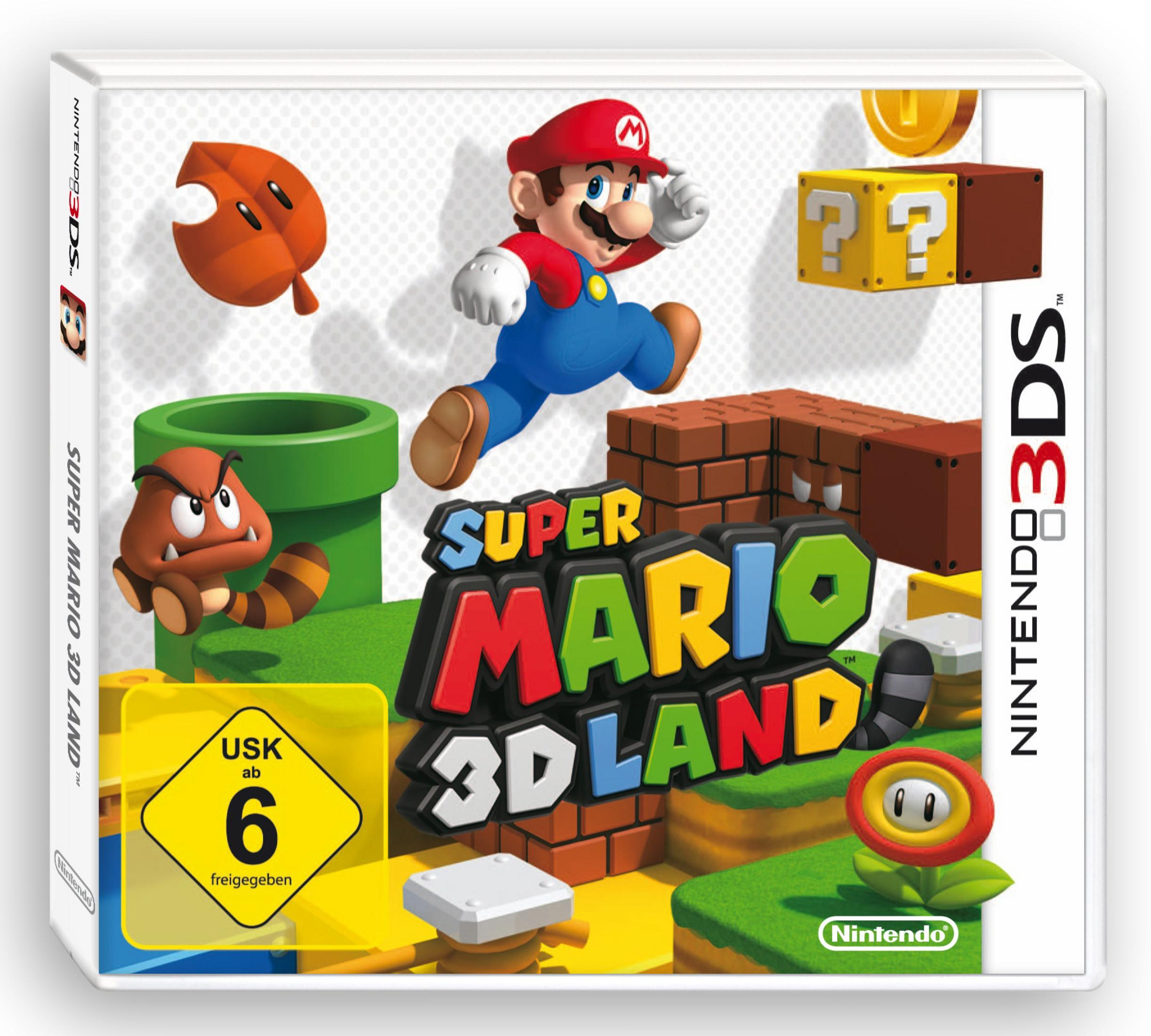 Super Mario 3D Land Spielcover. Mario springt, Goomba, Blöcke, Blatt und Münzen sind auf dem Cover zu sehen.