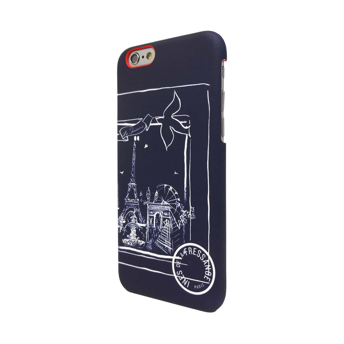 Custodia per telefono blu scuro con un design di Parigi. Sono disegnate la Torre Eiffel, l'Arco di Trionfo e la ruota panoramica.