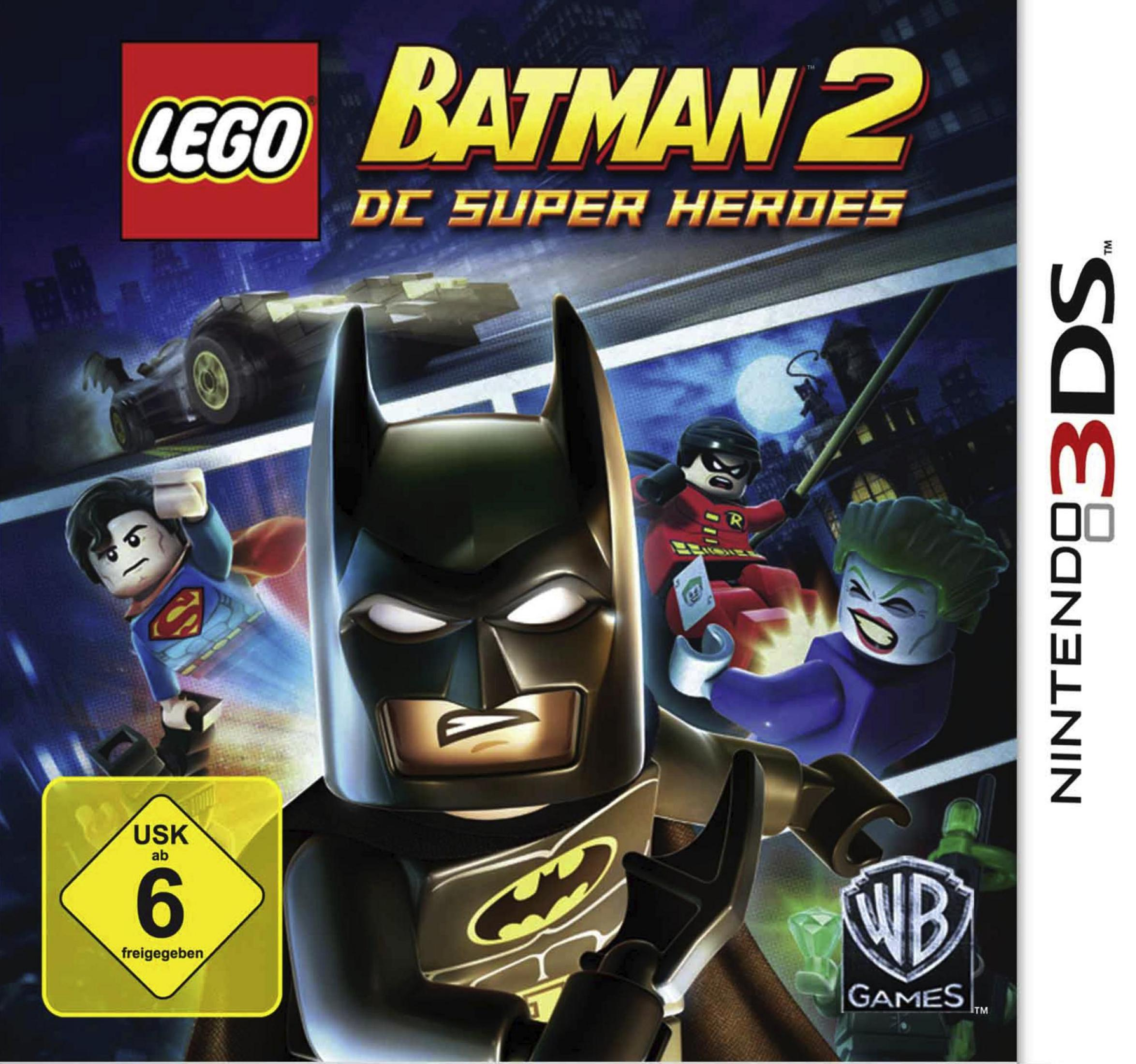 Portada del juego Lego Batman 2. Batman, Superman, Joker y Robin. Un Batmóvil es visible en el fondo.