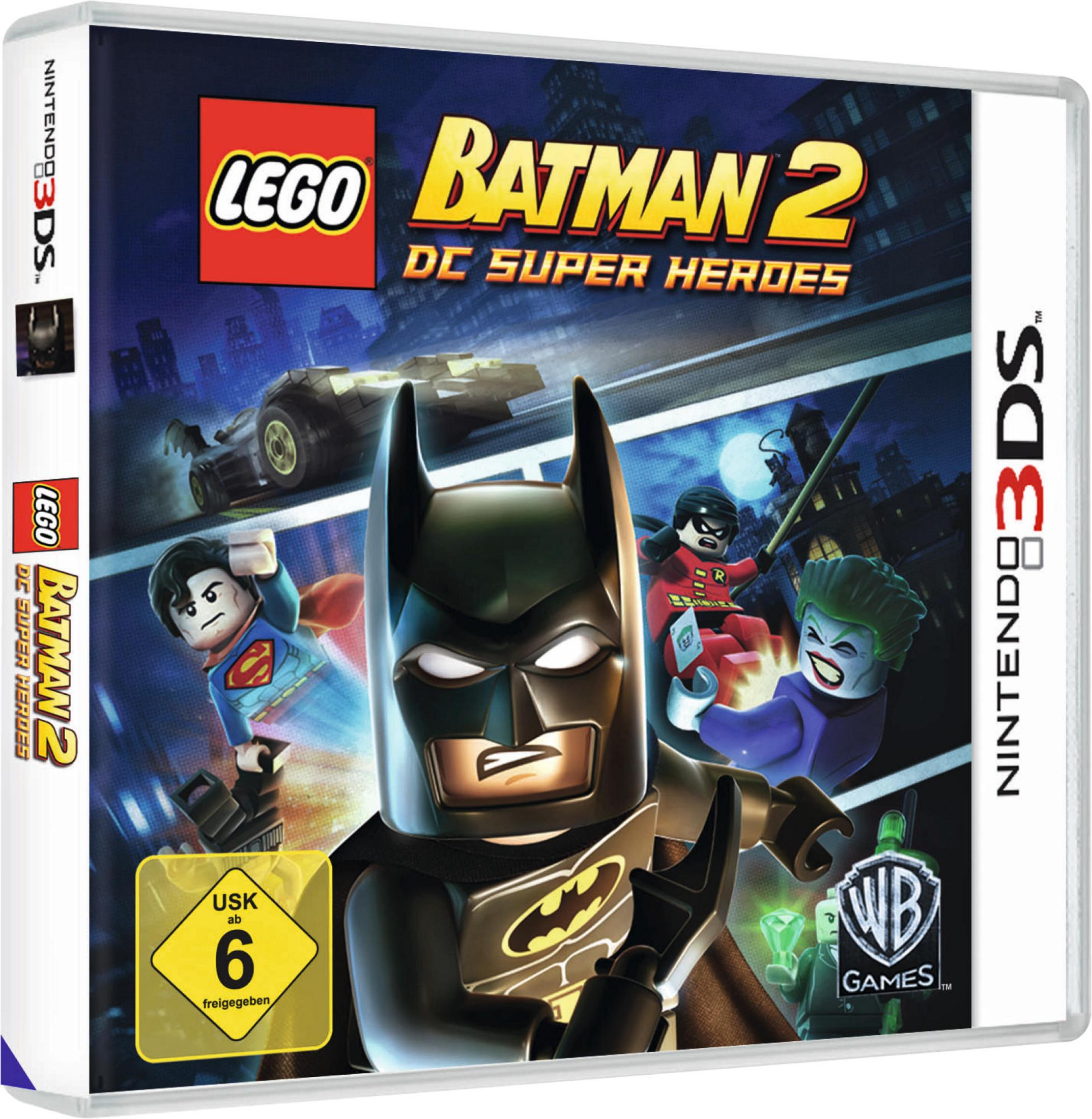 Portada del juego Lego Batman 2. Batman, Superman, Robin y Joker están presentes. Un Batmóvil es visible. Logotipo WB Games.