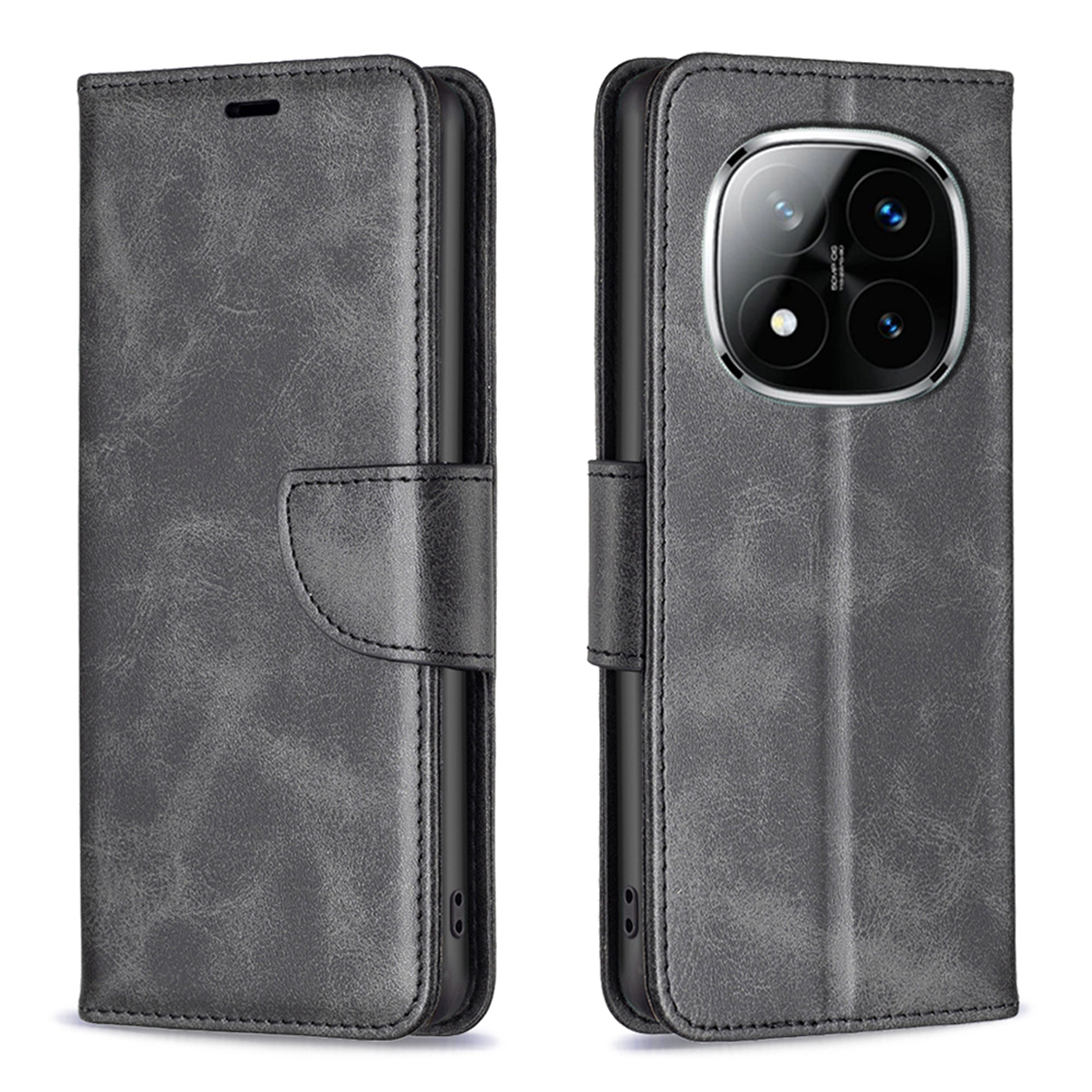 Un étui de téléphone en cuir gris, fermé et ouvert. L'étui a une fermeture magnétique et une découpe pour la caméra.