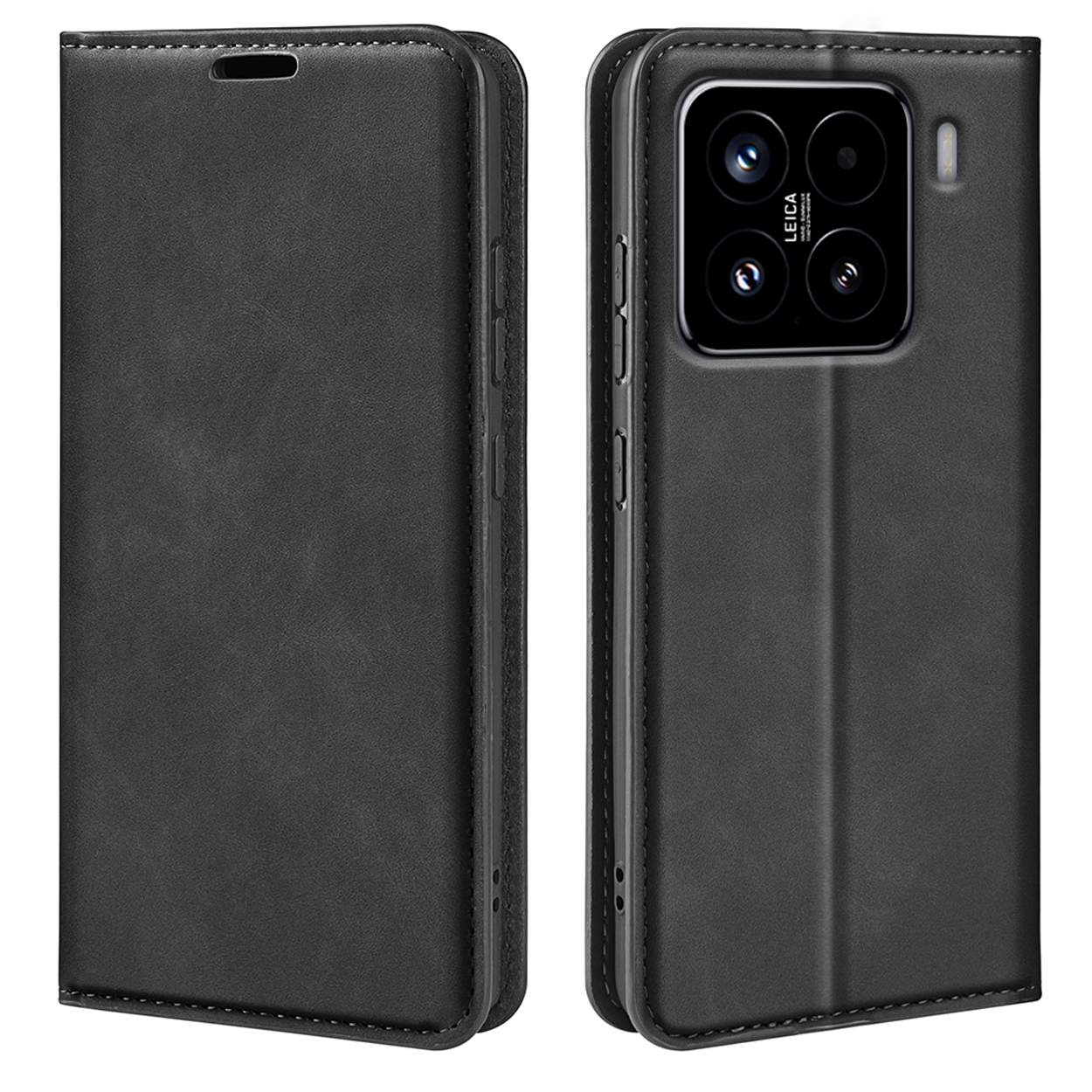 Coque de téléphone en cuir noir, ouverte. Objectif de caméra noir. Fond blanc.