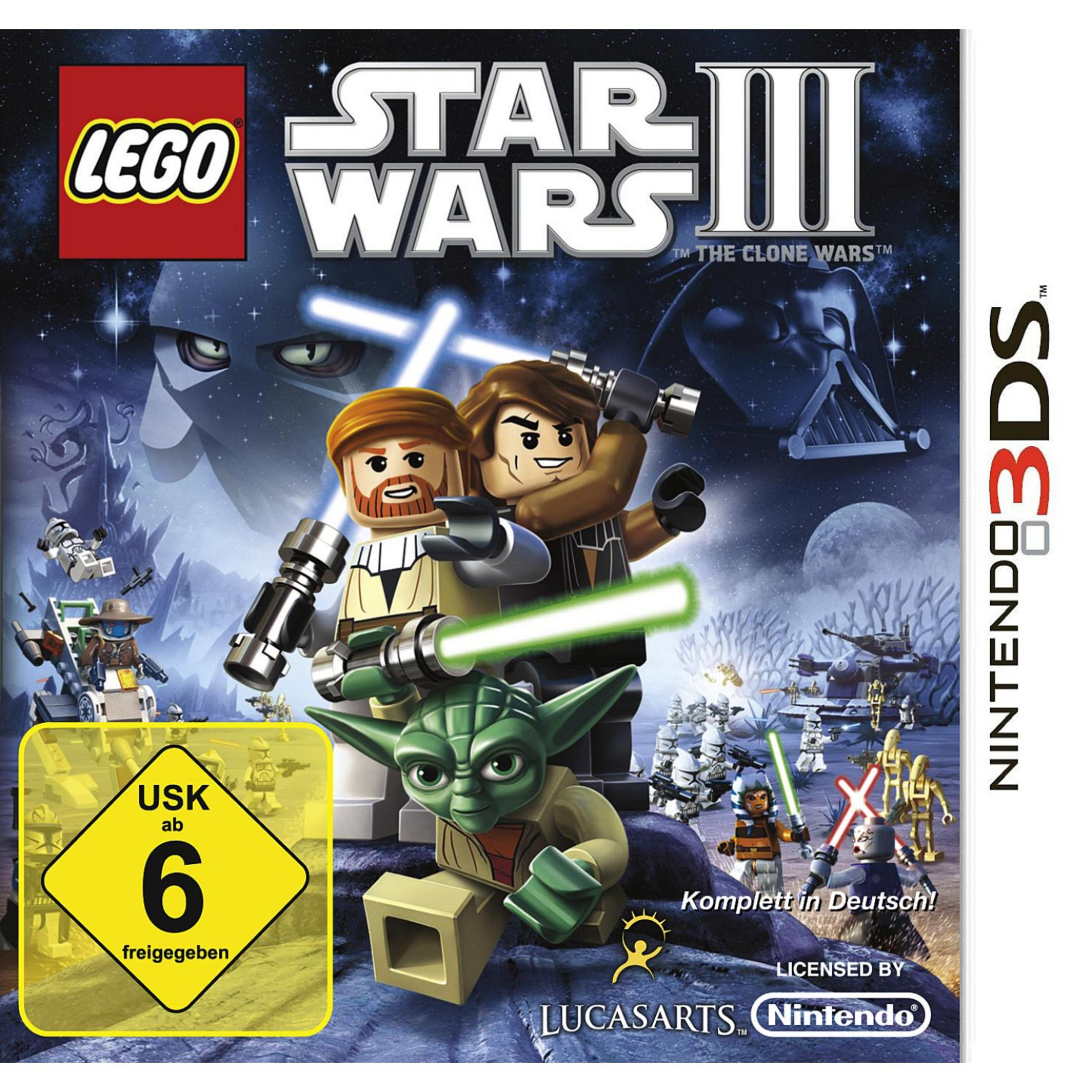 Lego Star Wars III-Spielcover. Lego-Charaktere sind mit Yoda im Vordergrund abgebildet. Das 3DS-Logo ist sichtbar.