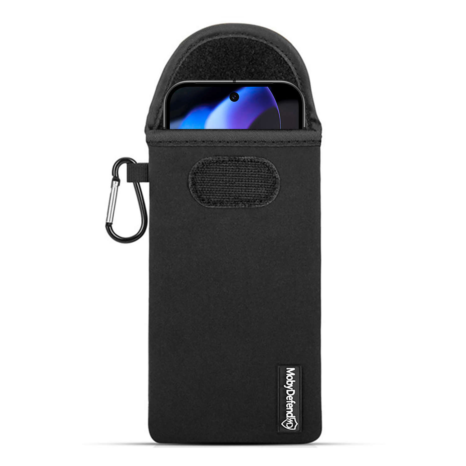 Zwarte telefoonhoes met een telefoon erin. De telefoon is gedeeltelijk zichtbaar in de hoes.