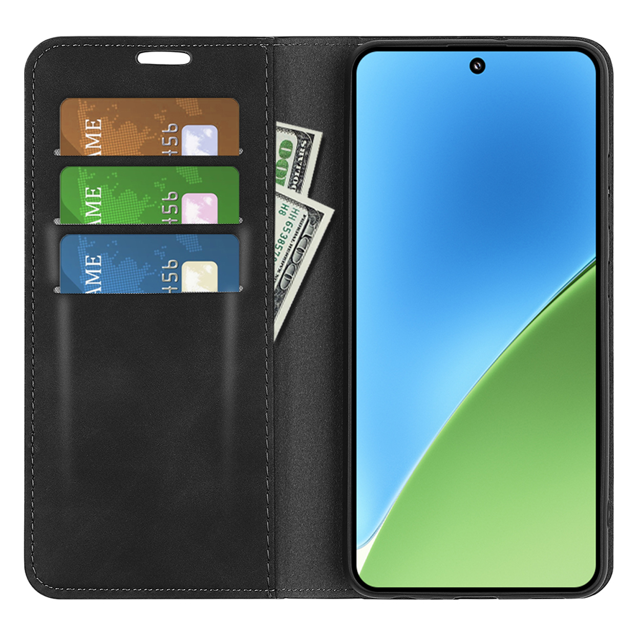 Étui de téléphone noir ouvert avec un téléphone à l'intérieur. Cartes de crédit et argent liquide dans les fentes.