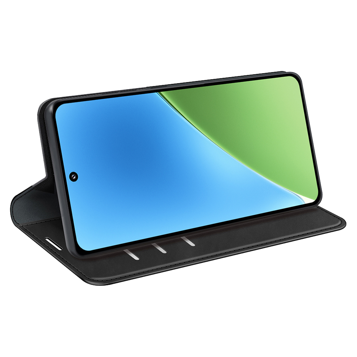 Étui de téléphone noir ouvert, avec un téléphone à l'intérieur. L'écran est bleu et vert avec une découpe pour la caméra.