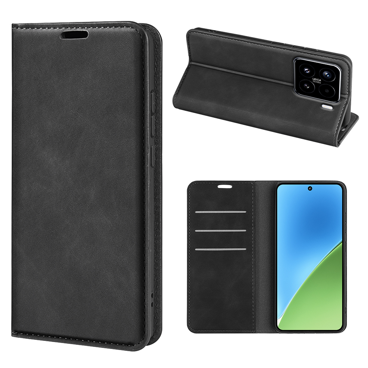 Étui de téléphone noir sous différents angles. L'étui est ouvert et fermé, révélant le téléphone et les fentes pour cartes.