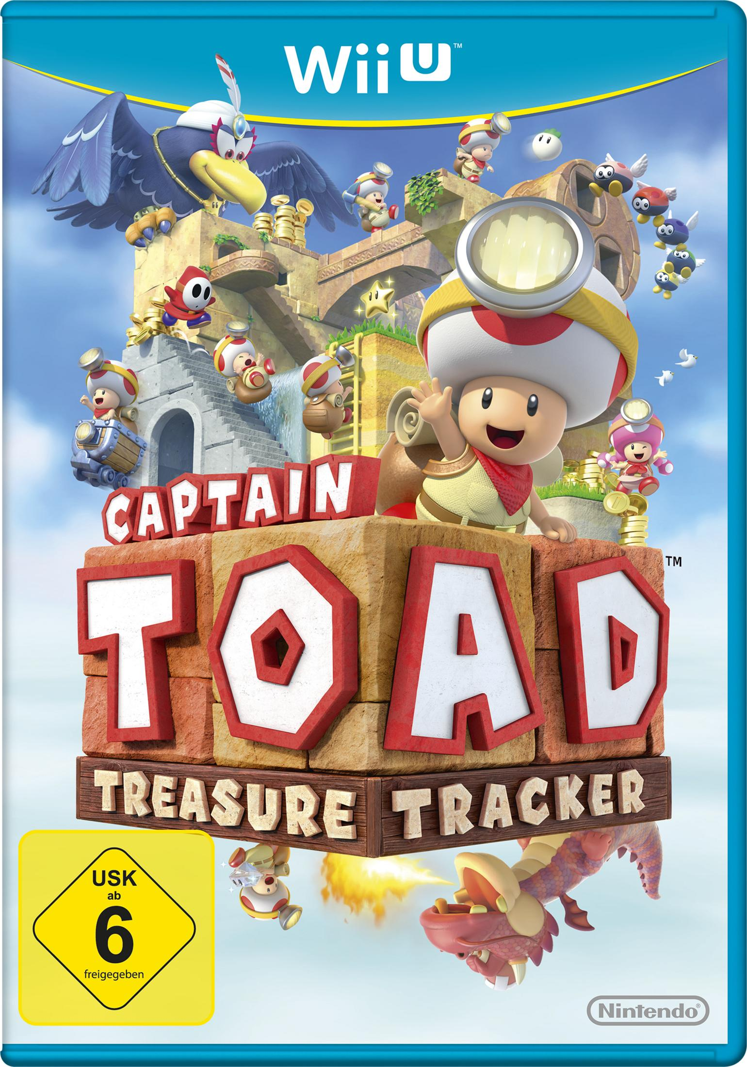 Copertina del gioco Captain Toad: Treasure Tracker. Captain Toad e altri personaggi sono presenti. Il logo Wii U è visibile.