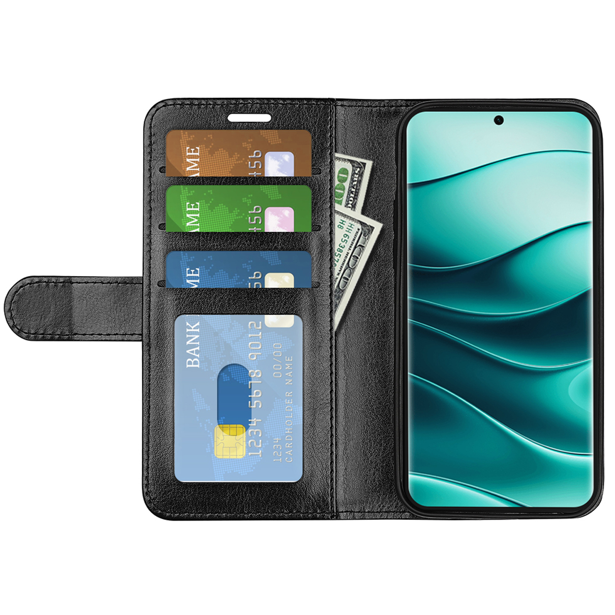 Zwarte telefoonportemonnee met kaarten, geld en een telefoon met een turquoise golfpatroon.