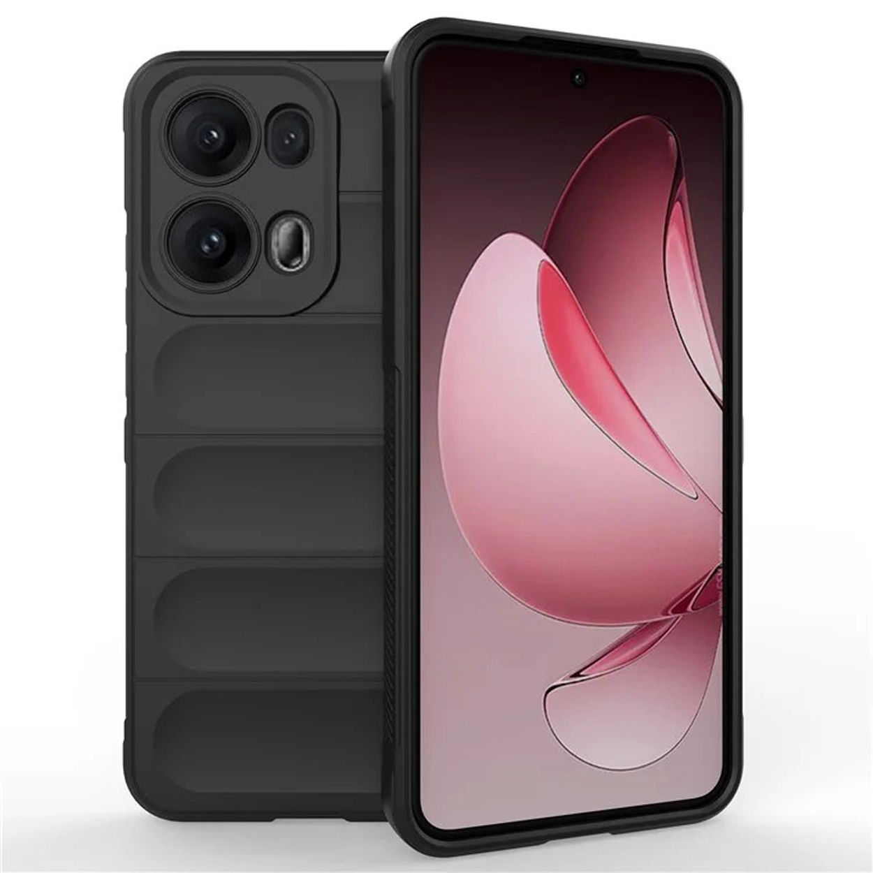 Zwarte telefoonhoes met cameralenzen en een scherm met roze en wit design.