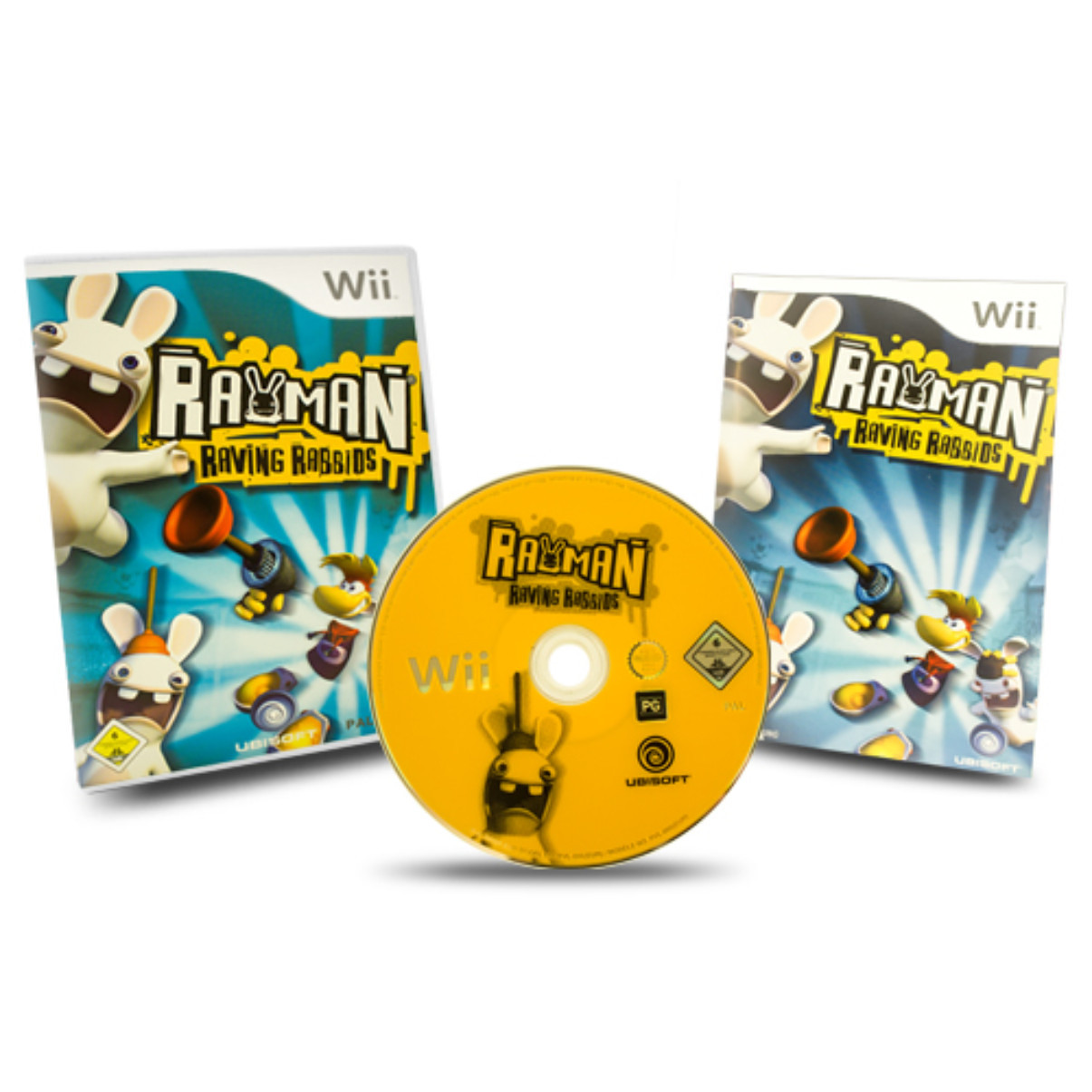 Rayman Raving Rabbids Wii Spielbox und Disc auf weißem Hintergrund. Die Box zeigt das Spielcover.