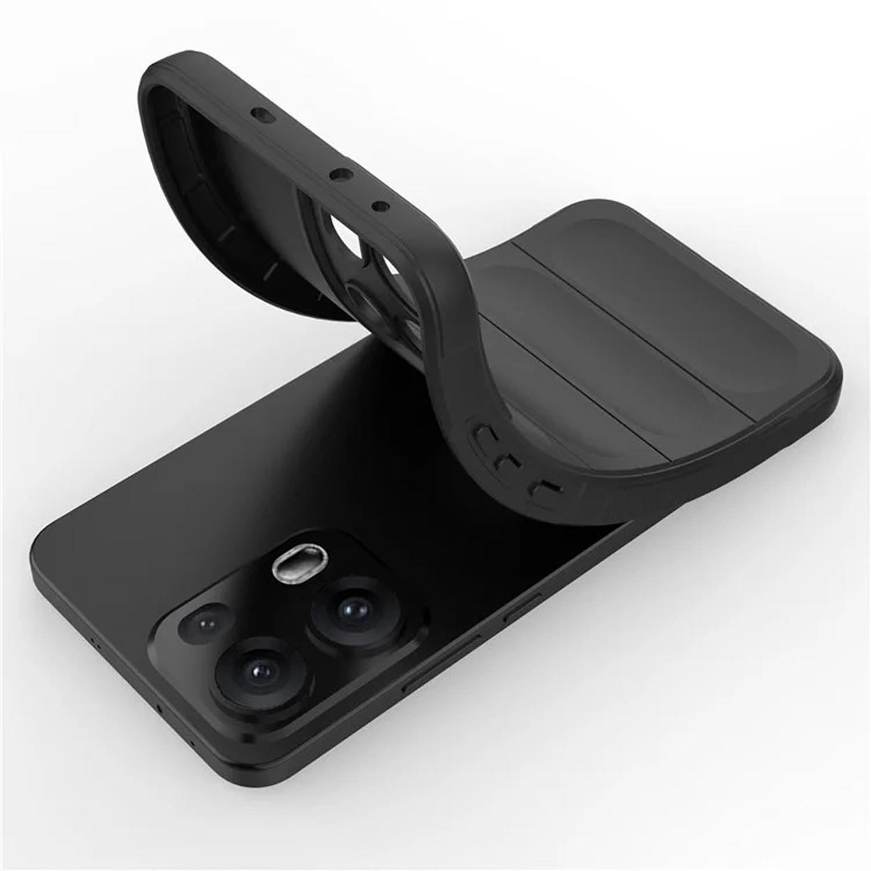 Zwarte telefoonhoes met camera-uitsparingen, gedeeltelijk open, toont de binnenkant. Op een wit oppervlak.