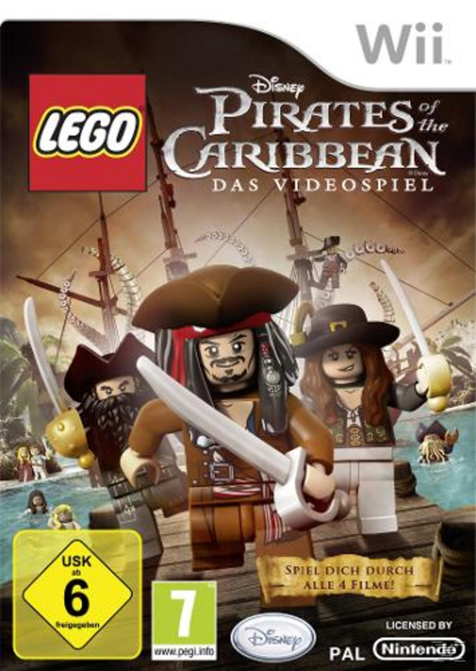 Copertina del gioco LEGO Pirati dei Caraibi Wii. Raffigura pirati Lego con spade e sfondo di nave.