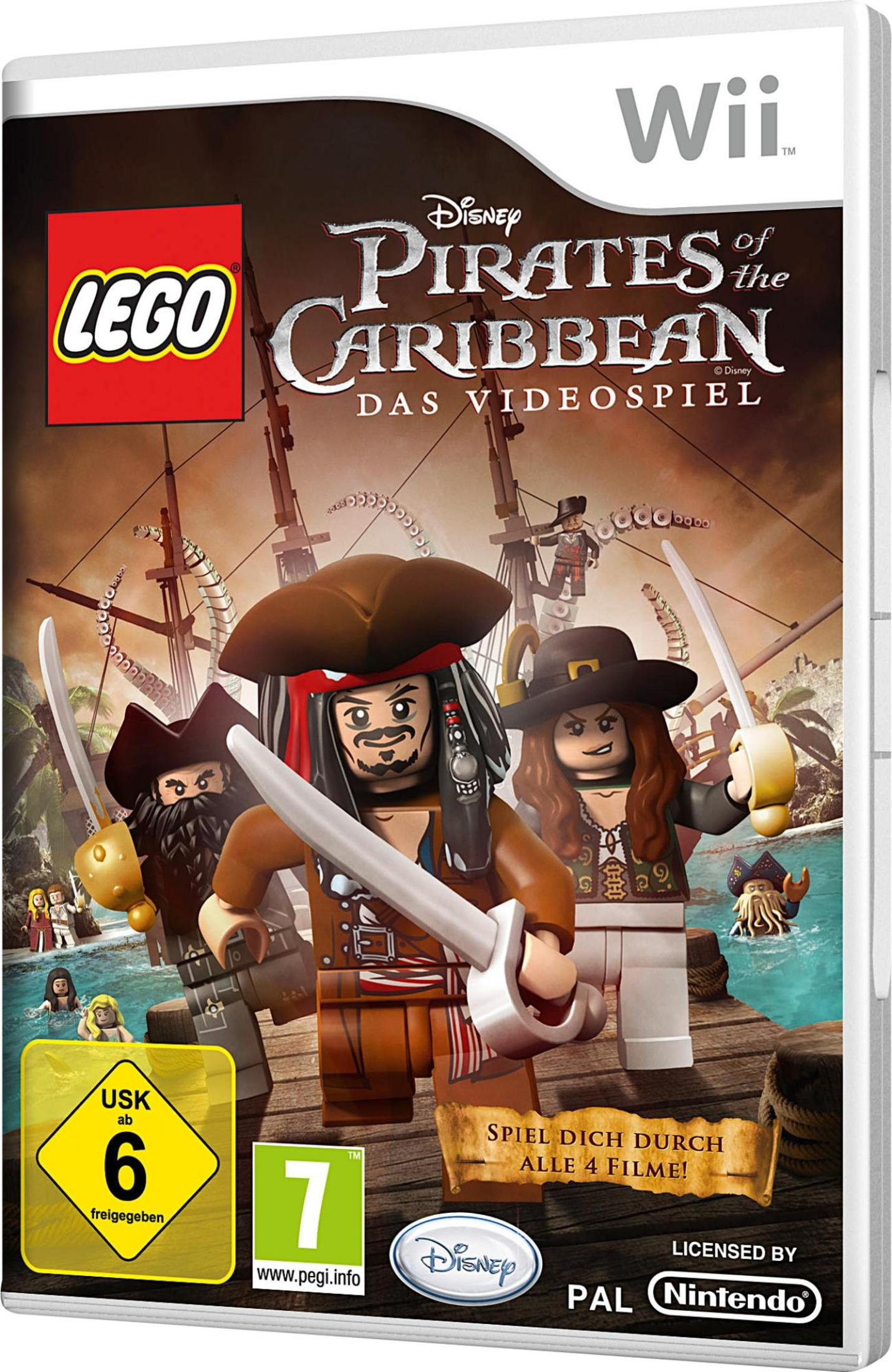 Scatola del gioco Lego Pirati dei Caraibi Wii con personaggi Lego e sfondo di nave pirata.