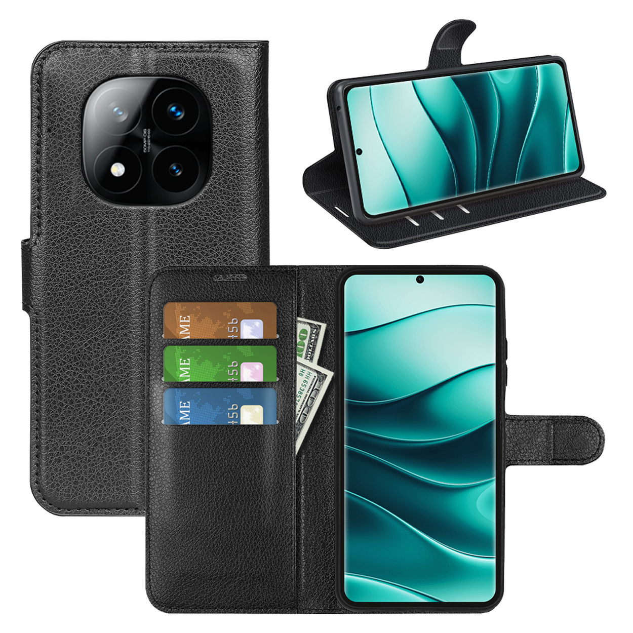 Zwarte telefoonhoes met telefoon en kaartsleuven. Drie creditcards en dollarbiljetten zichtbaar.