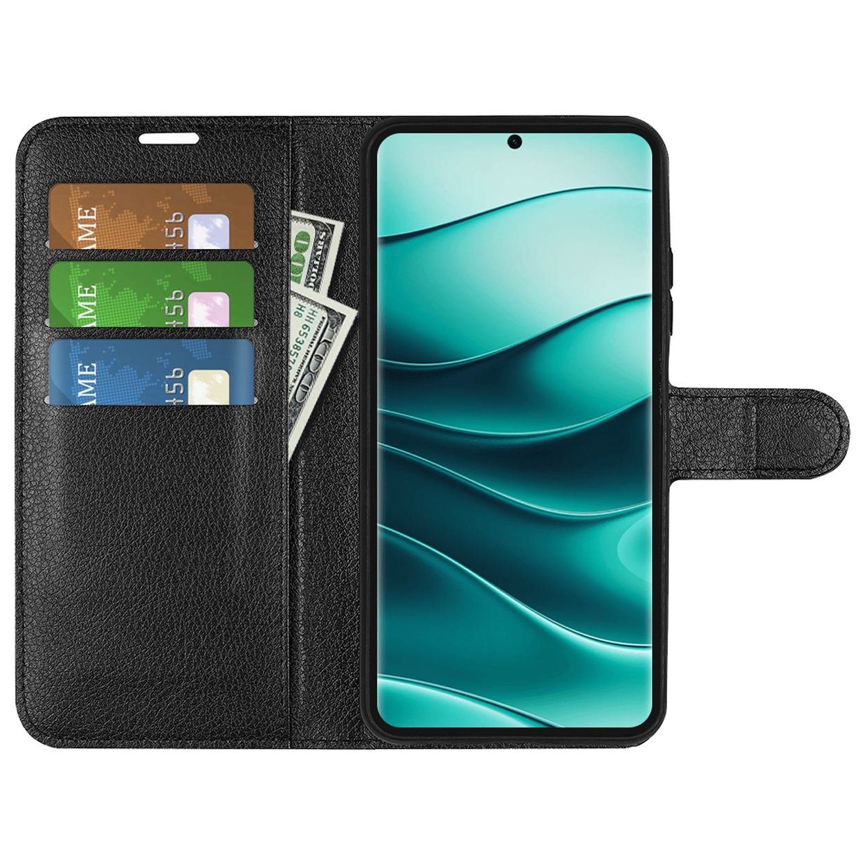 Zwarte telefoonportemonnee met kaarten, geld en een telefoon met een turquoise golfpatroon.