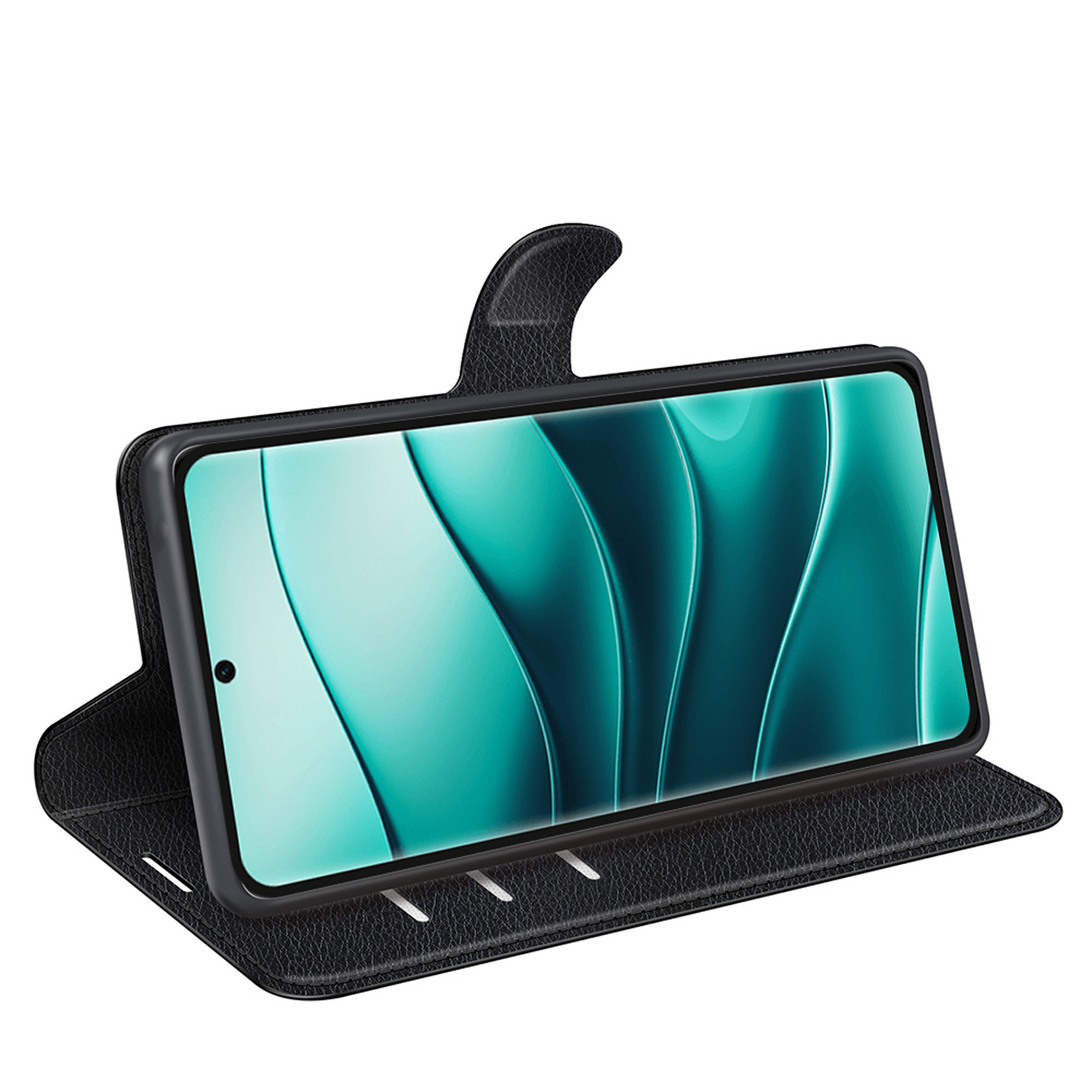 Zwarte telefoonhoes met kaarten en een hand die de hoes vasthoudt. Witte achtergrond.