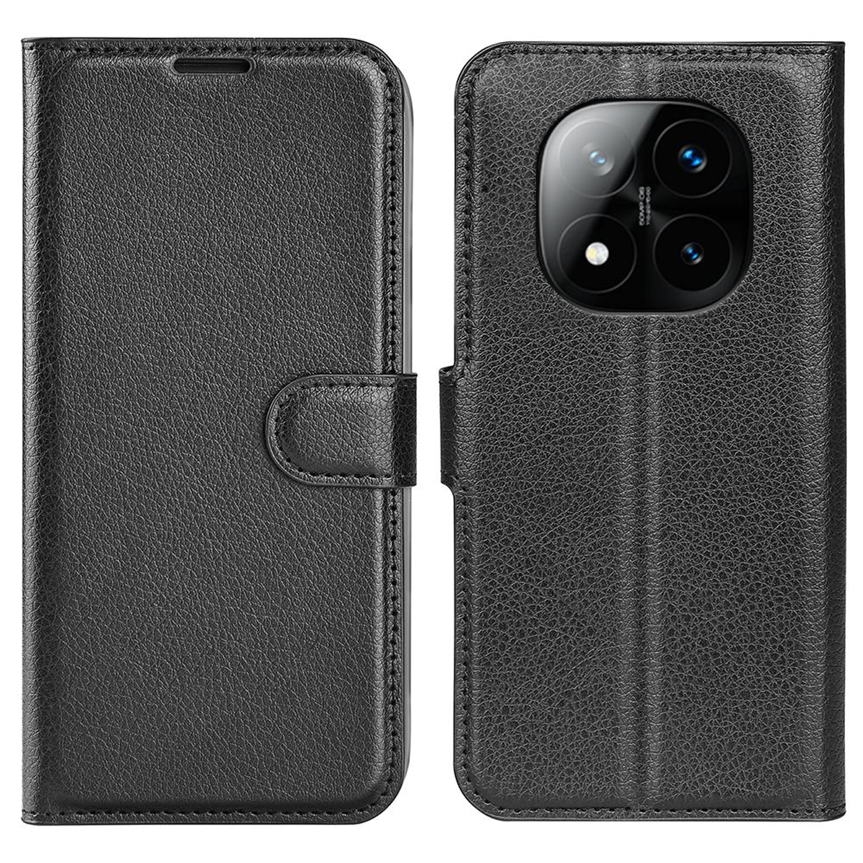 Zwarte leren telefoonhoes, gesloten, met magnetische sluiting. Camera en scherm zichtbaar.