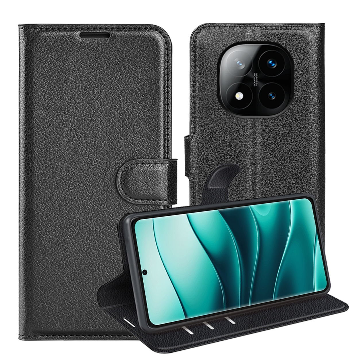 Zwarte leren telefoonhoes, open, met zichtbare telefoon. De camera is zichtbaar.