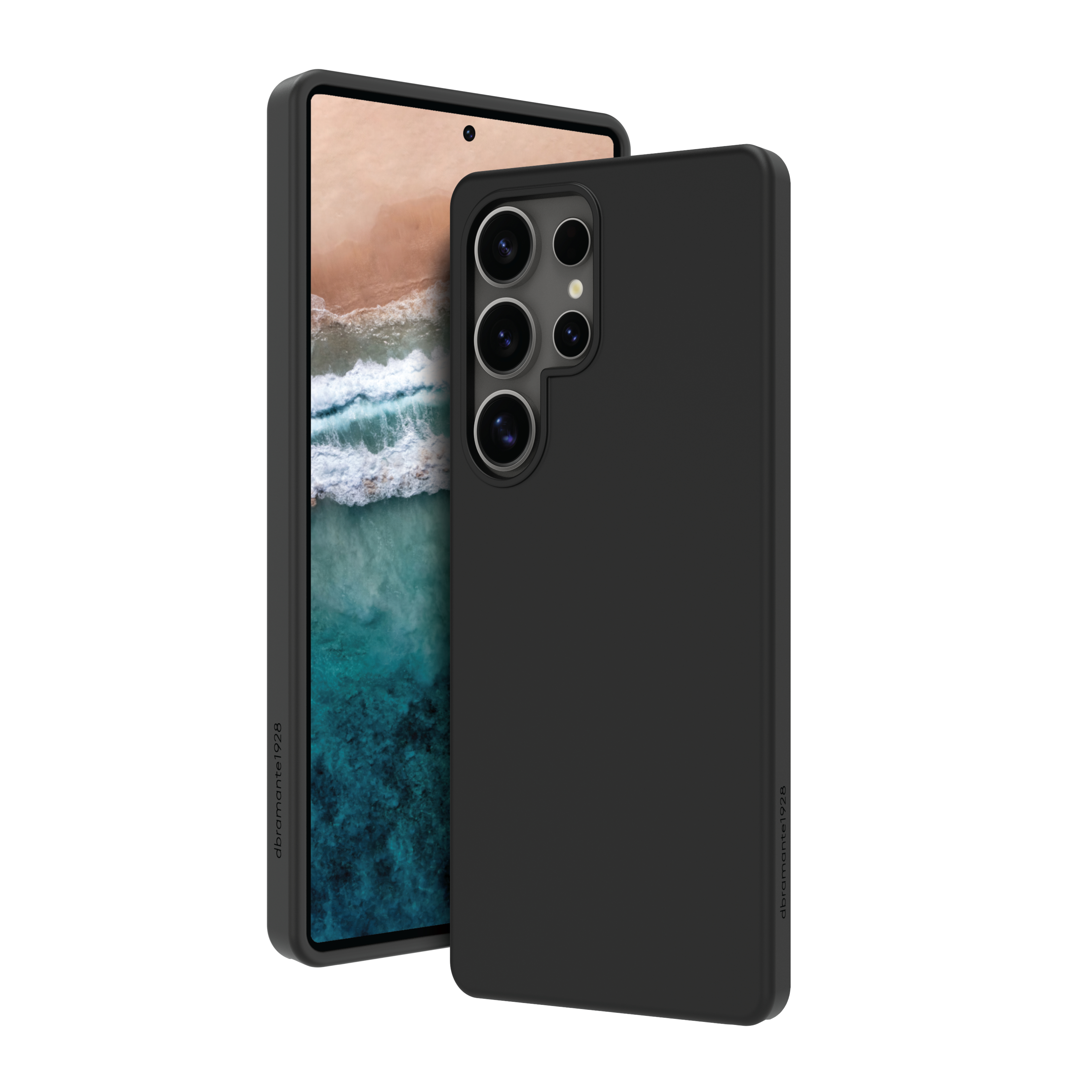 Custodia nera per telefono con ritagli per fotocamera e telefono. Il telefono mostra lo schermo.