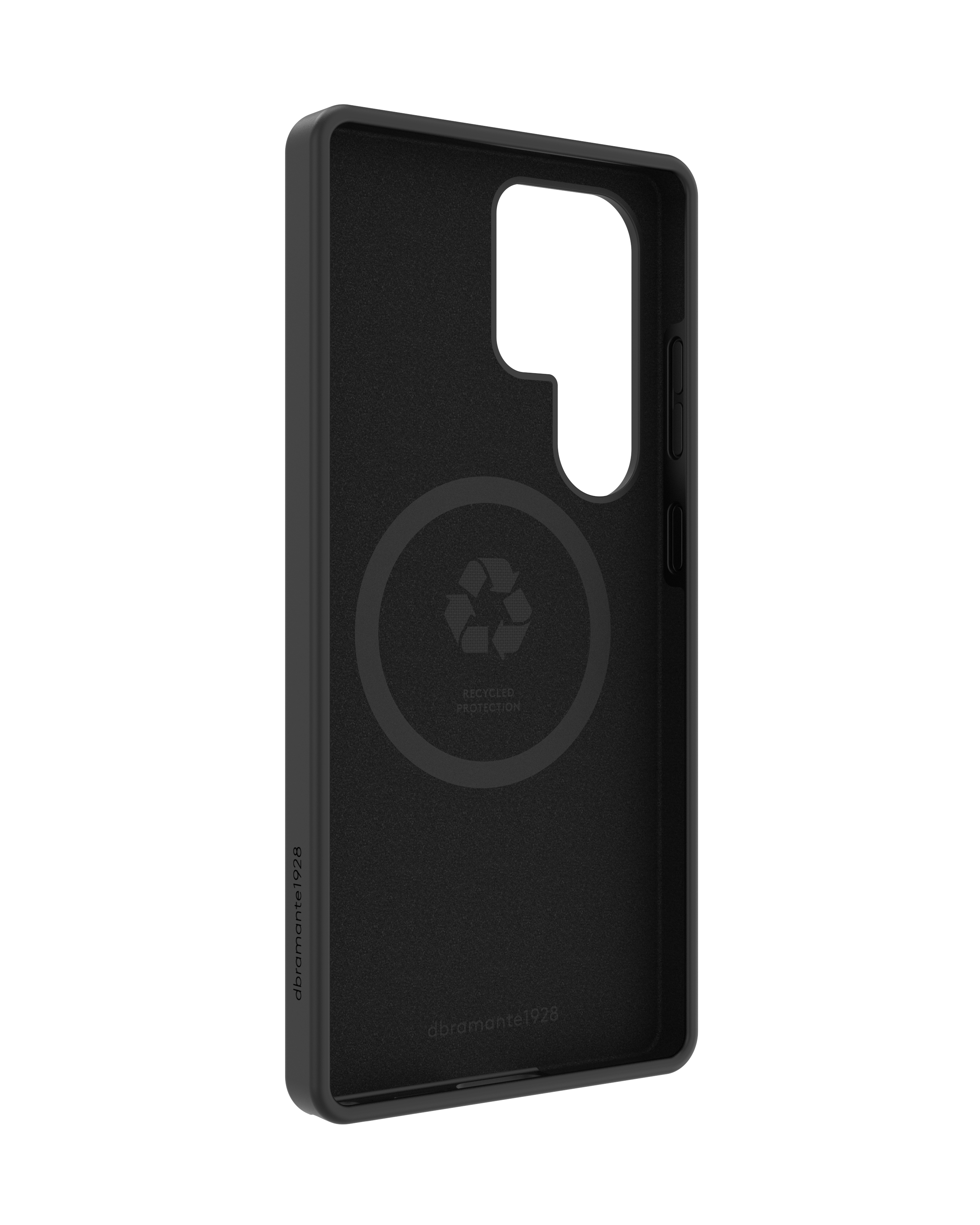 Interno della custodia nera del telefono con logo di riciclaggio. La parte interna della custodia.