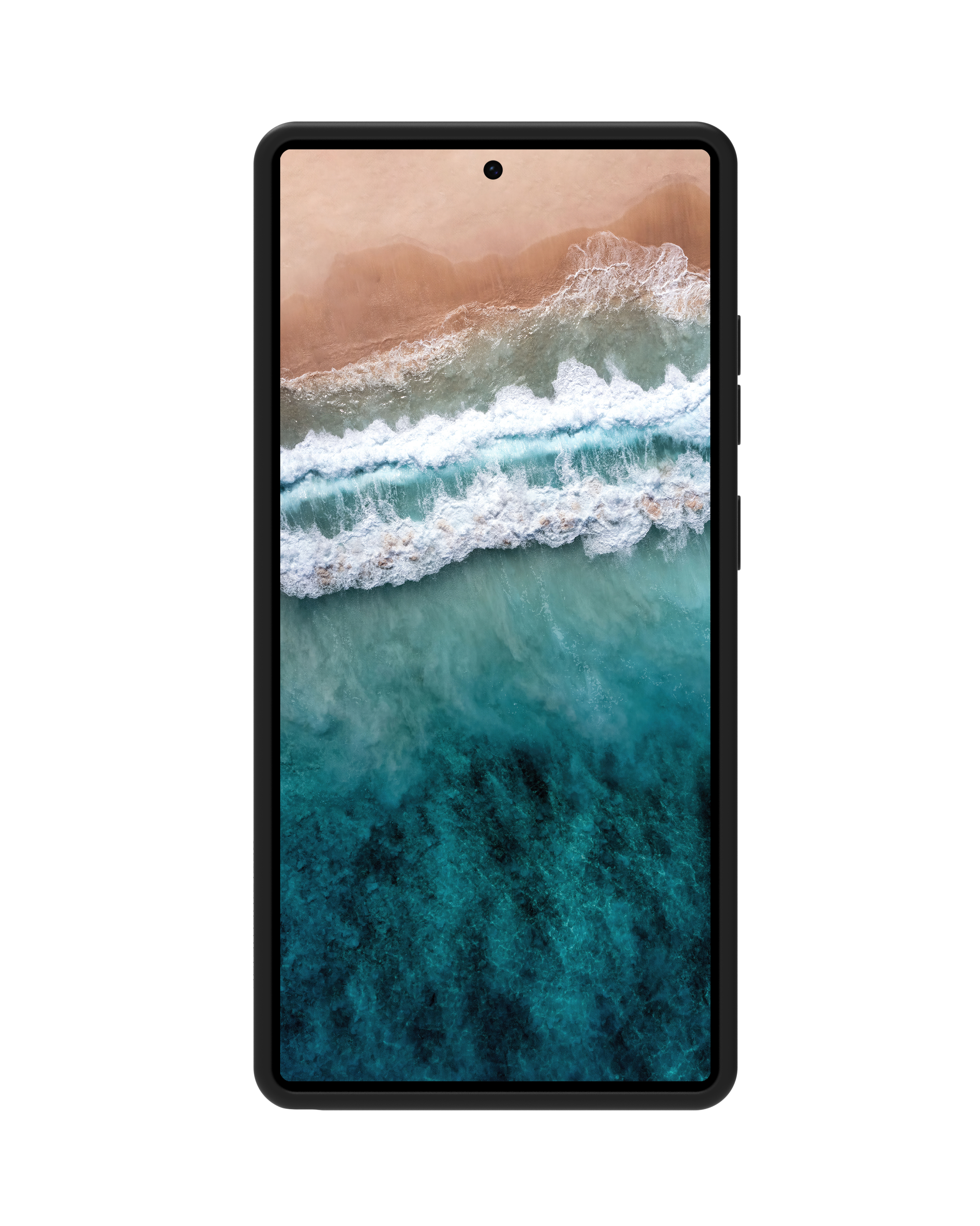 Schermo del telefono che mostra una spiaggia con acqua blu. Il telefono ha una custodia nera.