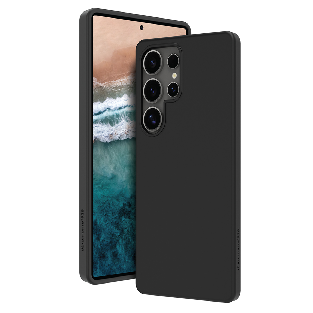 Custodia nera per telefono con telefono, con ritagli per fotocamera e telefono. Il telefono mostra lo schermo.