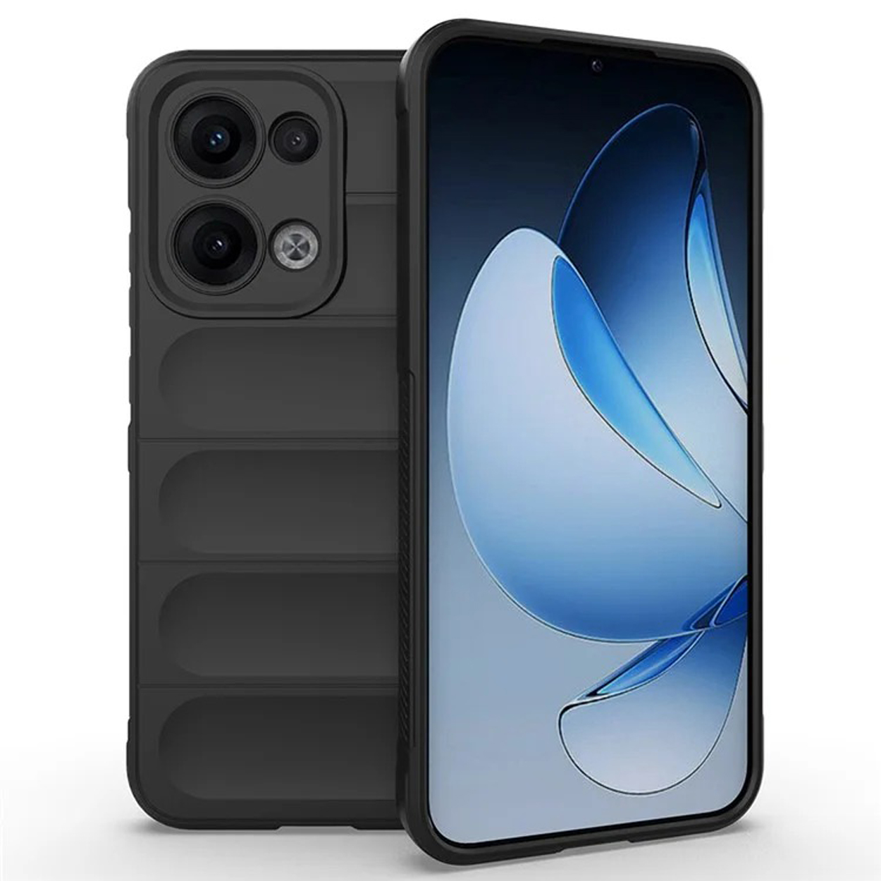 Coque de téléphone noire avec découpes pour appareil photo. Le téléphone affiche l'écran.