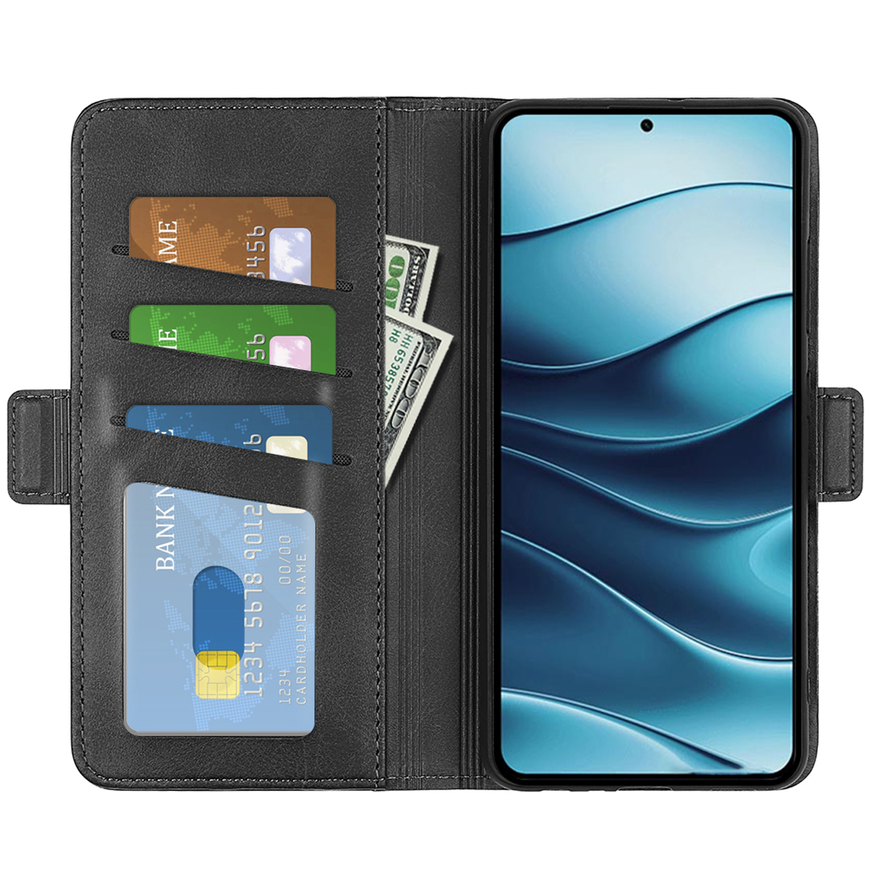 Un étui de téléphone noir avec un téléphone et 3 cartes de crédit. Fond noir.