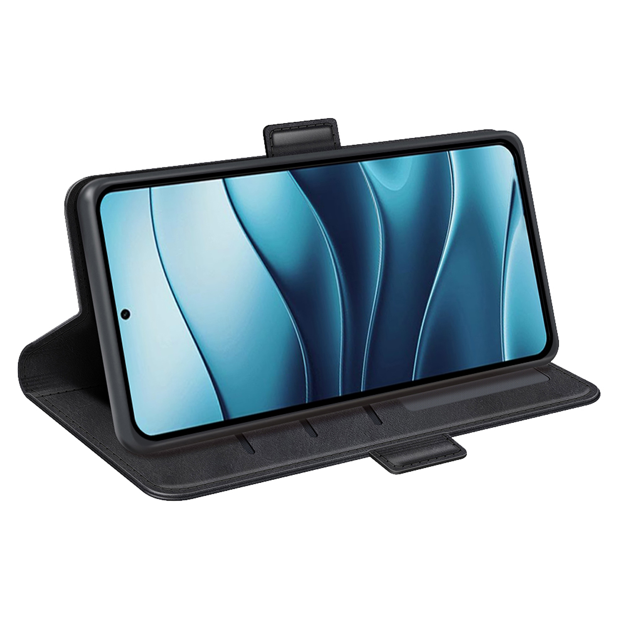 Étui de téléphone en cuir noir avec téléphone à l'intérieur, montrant l'écran. L'étui est ouvert.