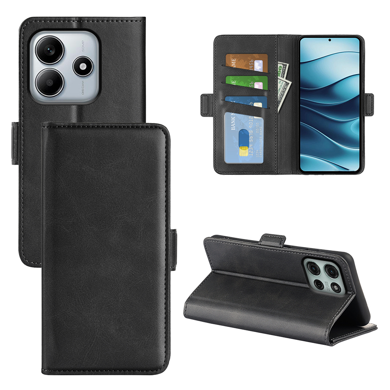 Étui de téléphone noir avec plusieurs vues, montrant le téléphone à l'intérieur et les fentes pour cartes.