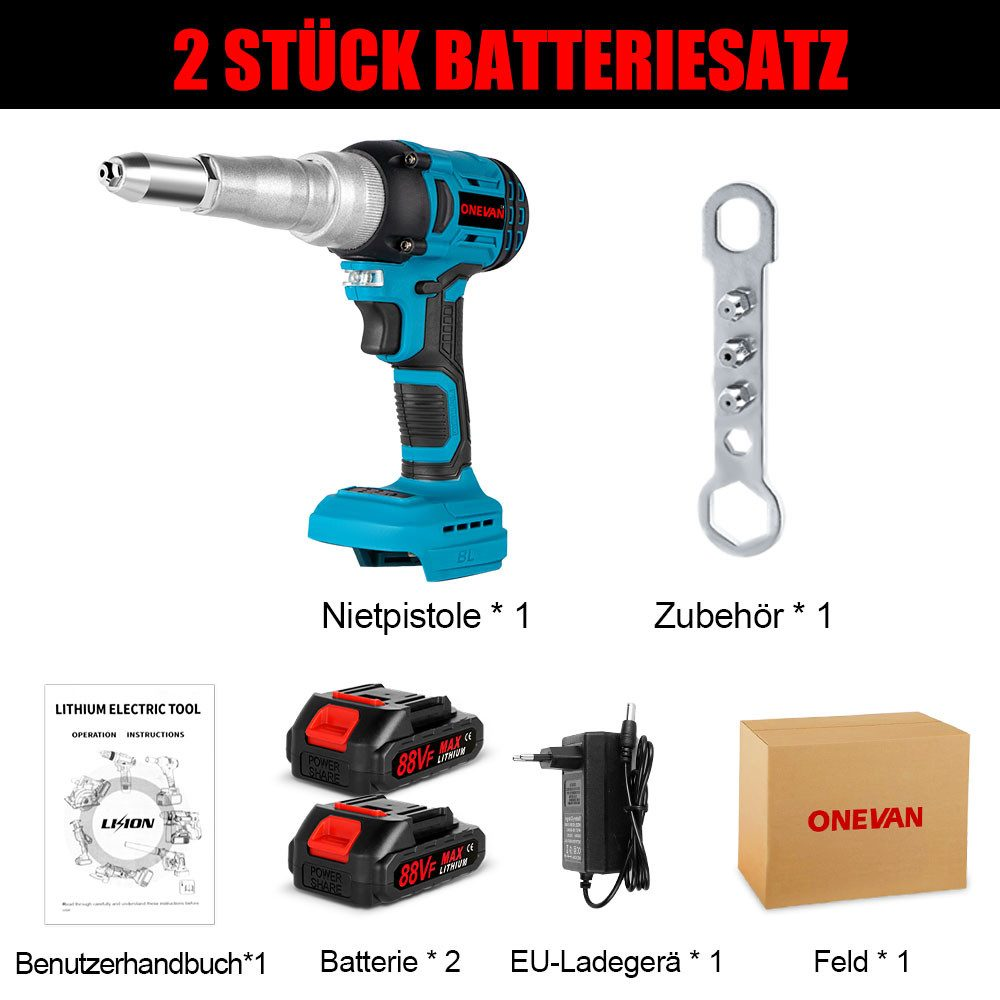 Juego de herramientas: remachadora, llave, manual, bater ías, cargador, caja.