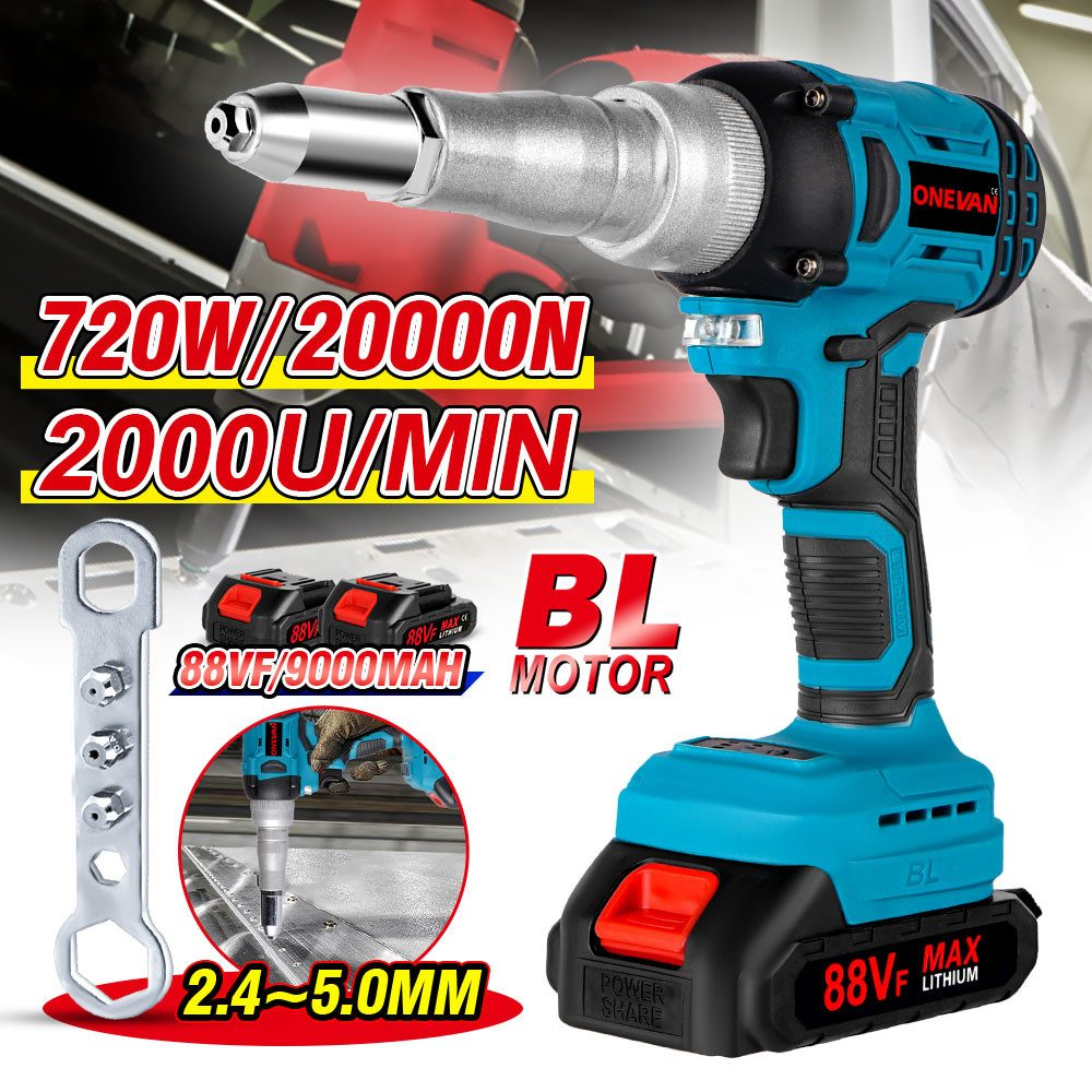 Remachadora con especificaciones: 720W, 20000N, 2000U/min. Incluye baterías y llave.
