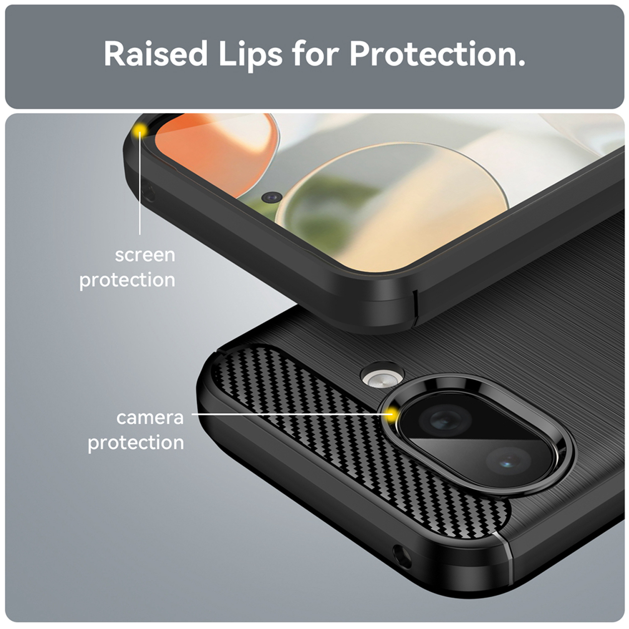 Close-up van zwarte telefoonhoes. Toont camera- en schermbescherming. Tekst luidt 'Raised Lips for Protection'.