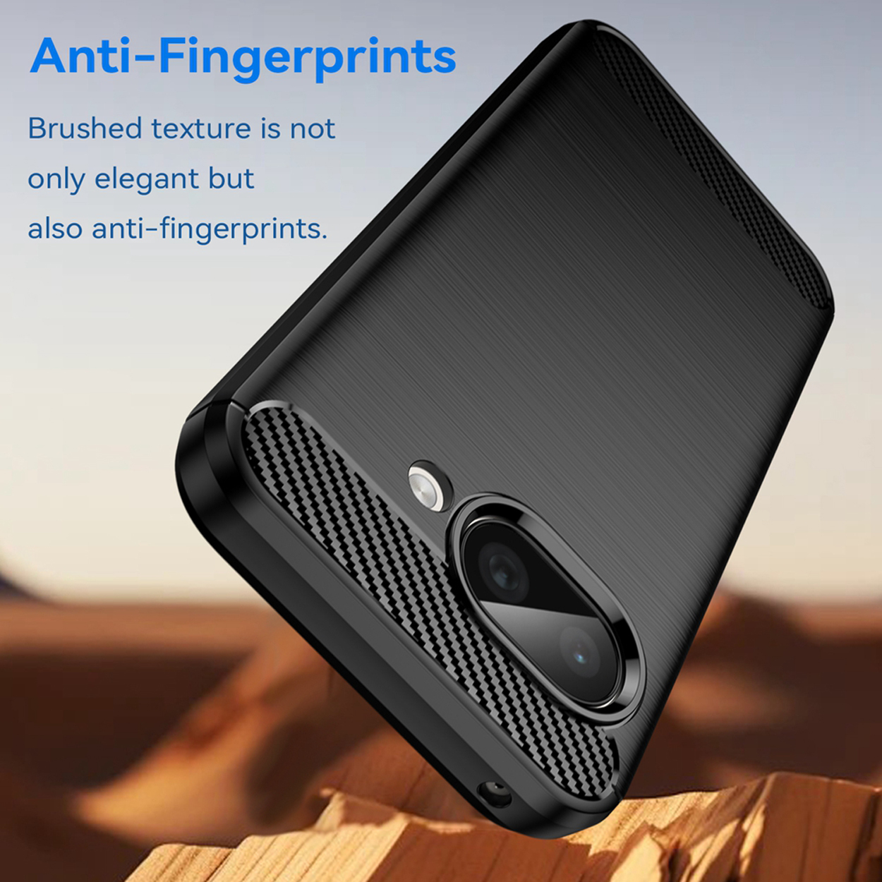 Zwart telefoonhoesje met een getextureerde achterkant. De textuur voorkomt vingerafdrukken en ziet er elegant uit.