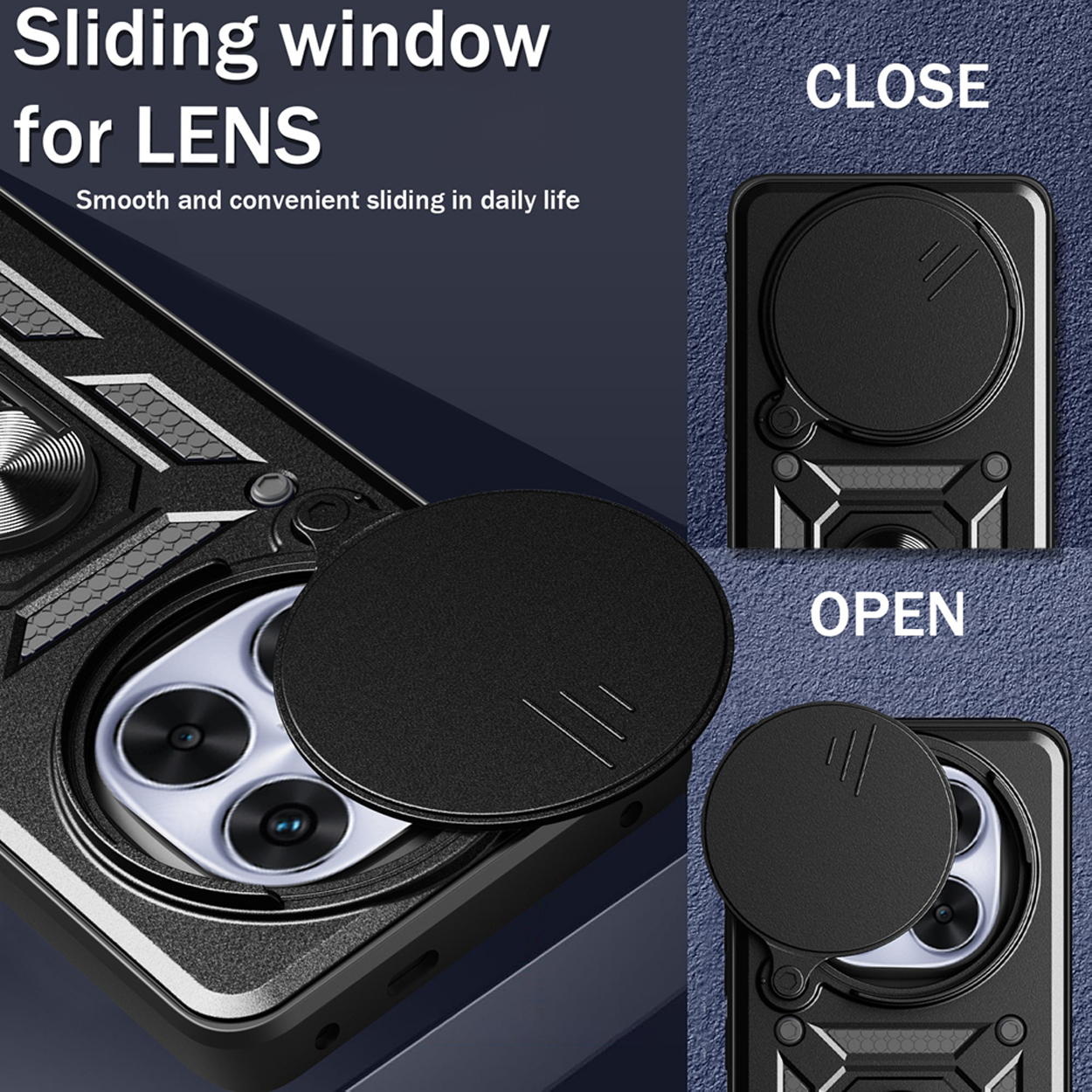 Zwart telefoonhoesje met een verschuifbare lensafdekking. De afdekking is open en gesloten in verschillende weergaven.