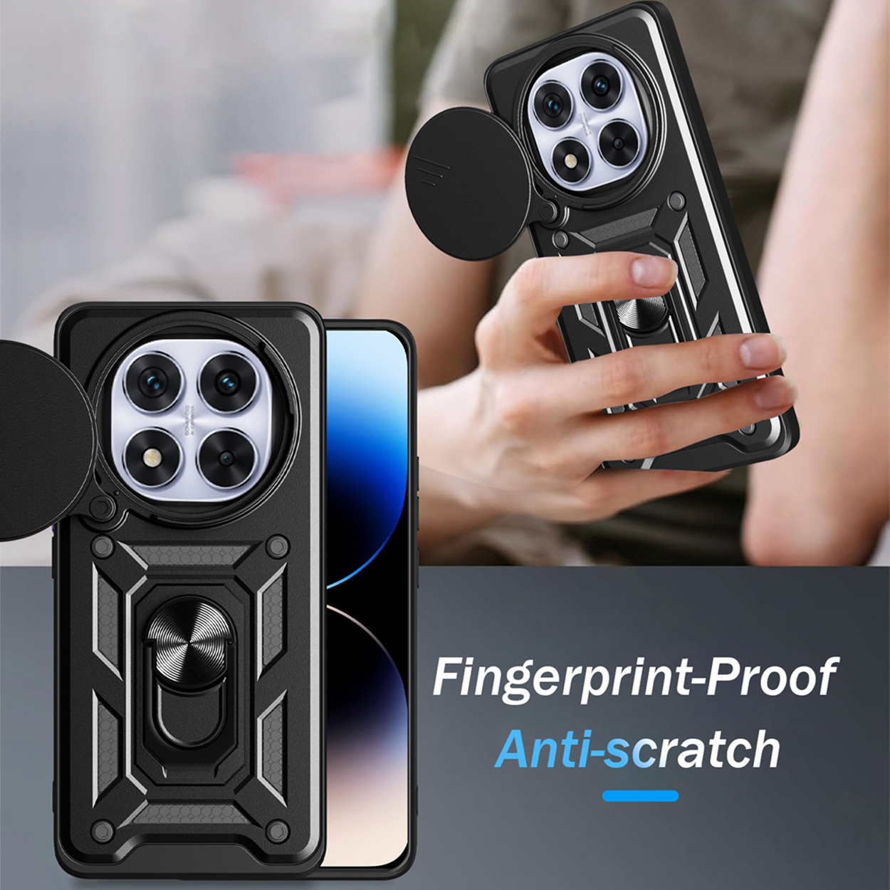 Zwart telefoonhoesje met een ringhouder en lens cover. Het is vingerafdrukbestendig en anti-kras.