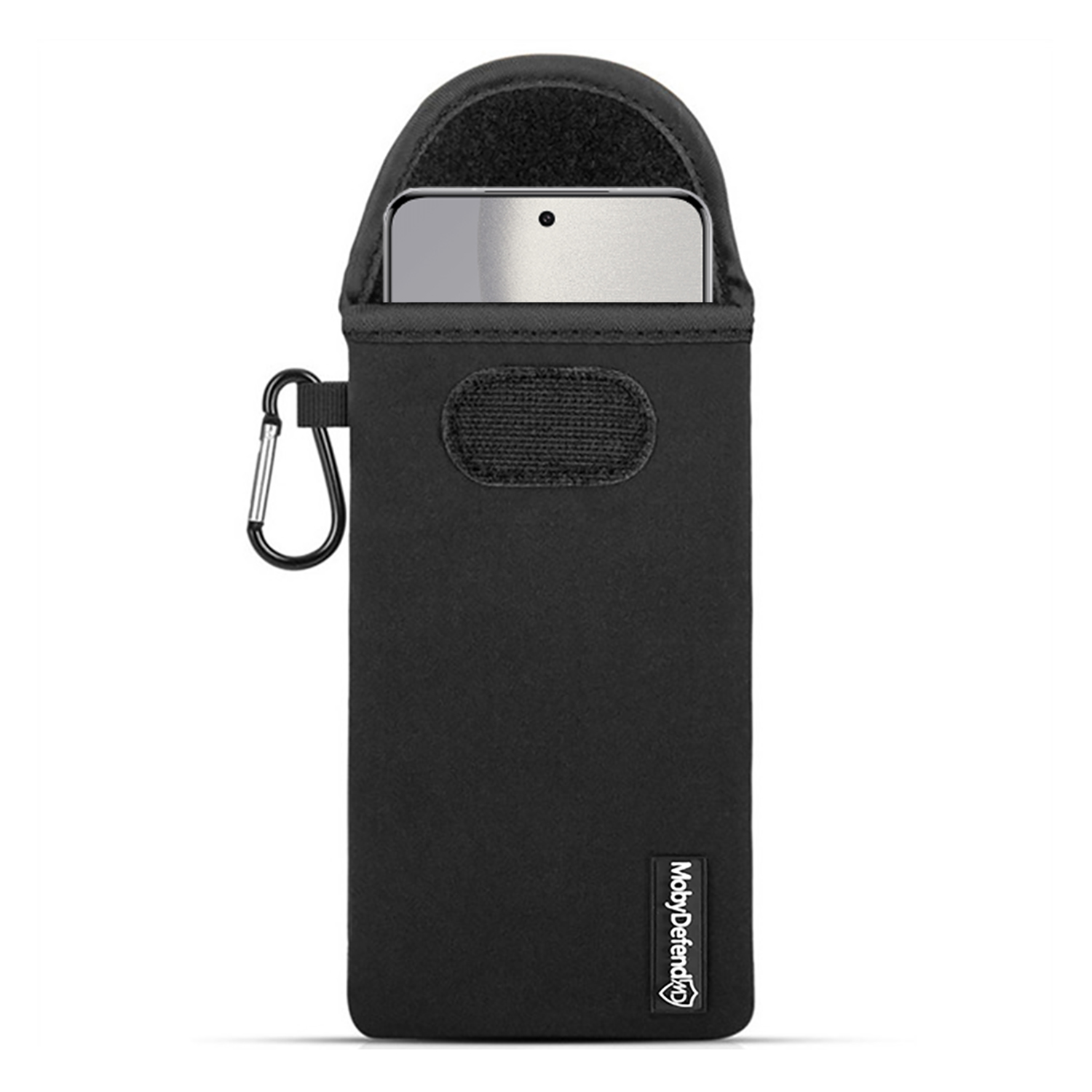 Housse de téléphone noire avec mousqueton. Le téléphone est partiellement visible en haut de la housse.