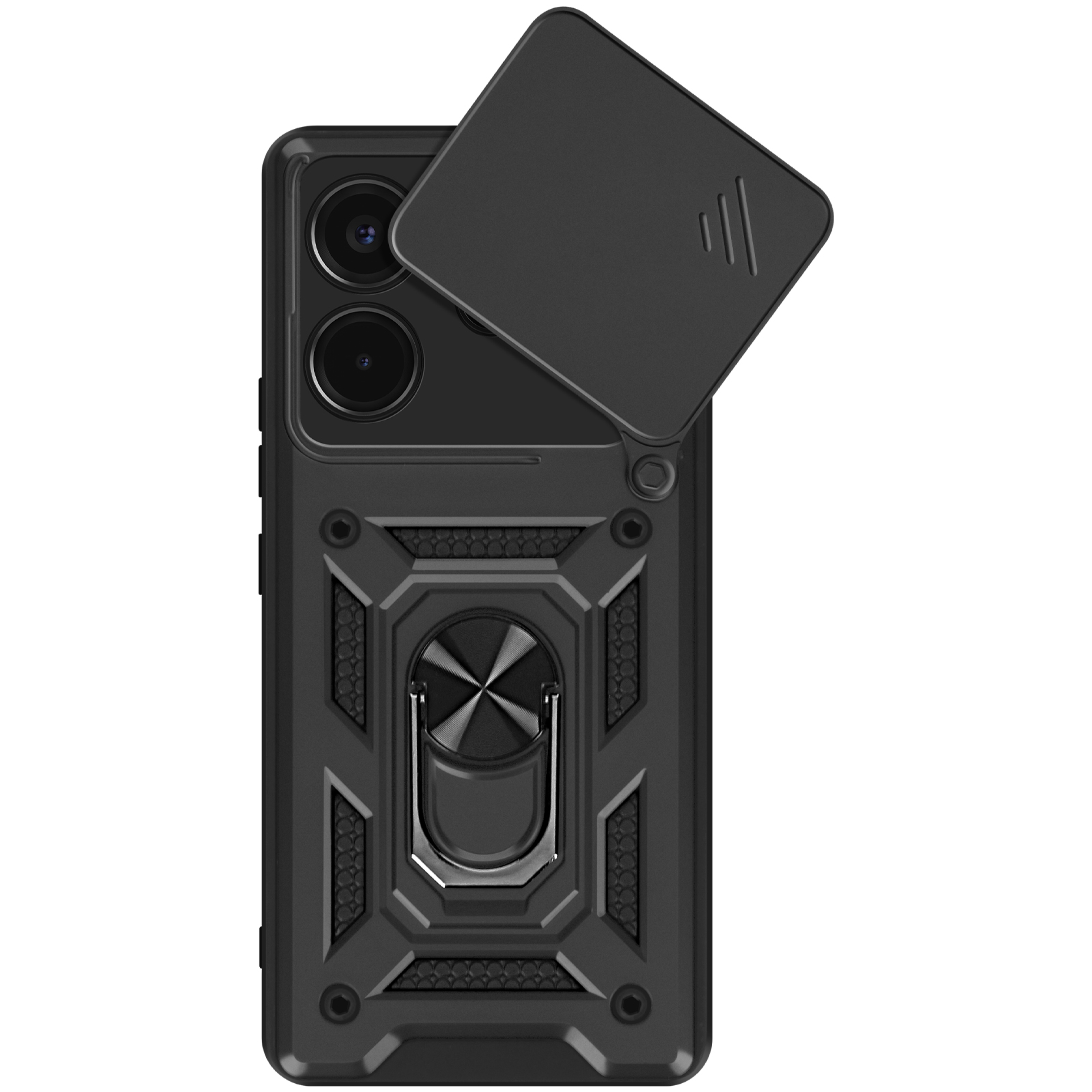 Custodia nera per telefono con copertura per fotocamera e supporto ad anello. Sfondo bianco.