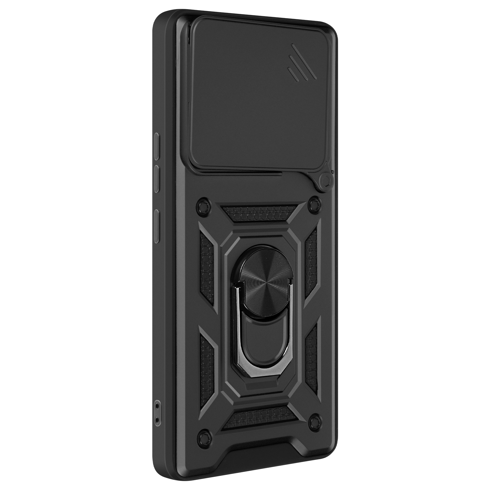 Custodia nera per telefono con copertura della fotocamera e supporto ad anello. La custodia è su una superficie bianca.